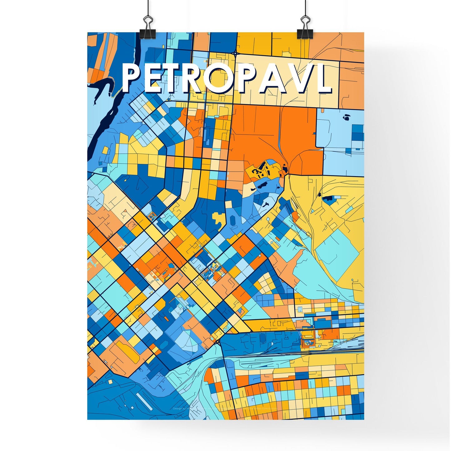 PETROPAVL KAZAKHSTAN Vibrant Colorful Art Map Poster Blue Orange