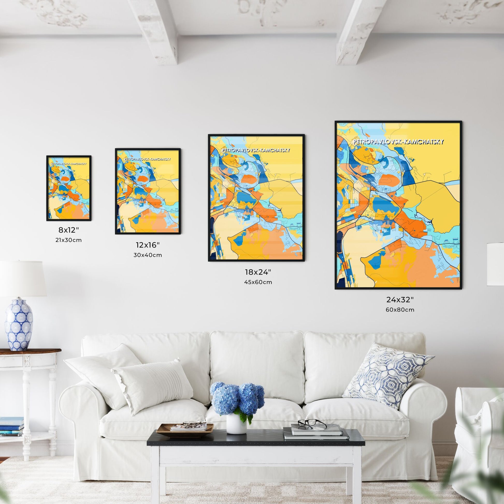 PETROPAVLOVSK-KAMCHATSKY RUSSIA Vibrant Colorful Art Map Poster Blue Orange