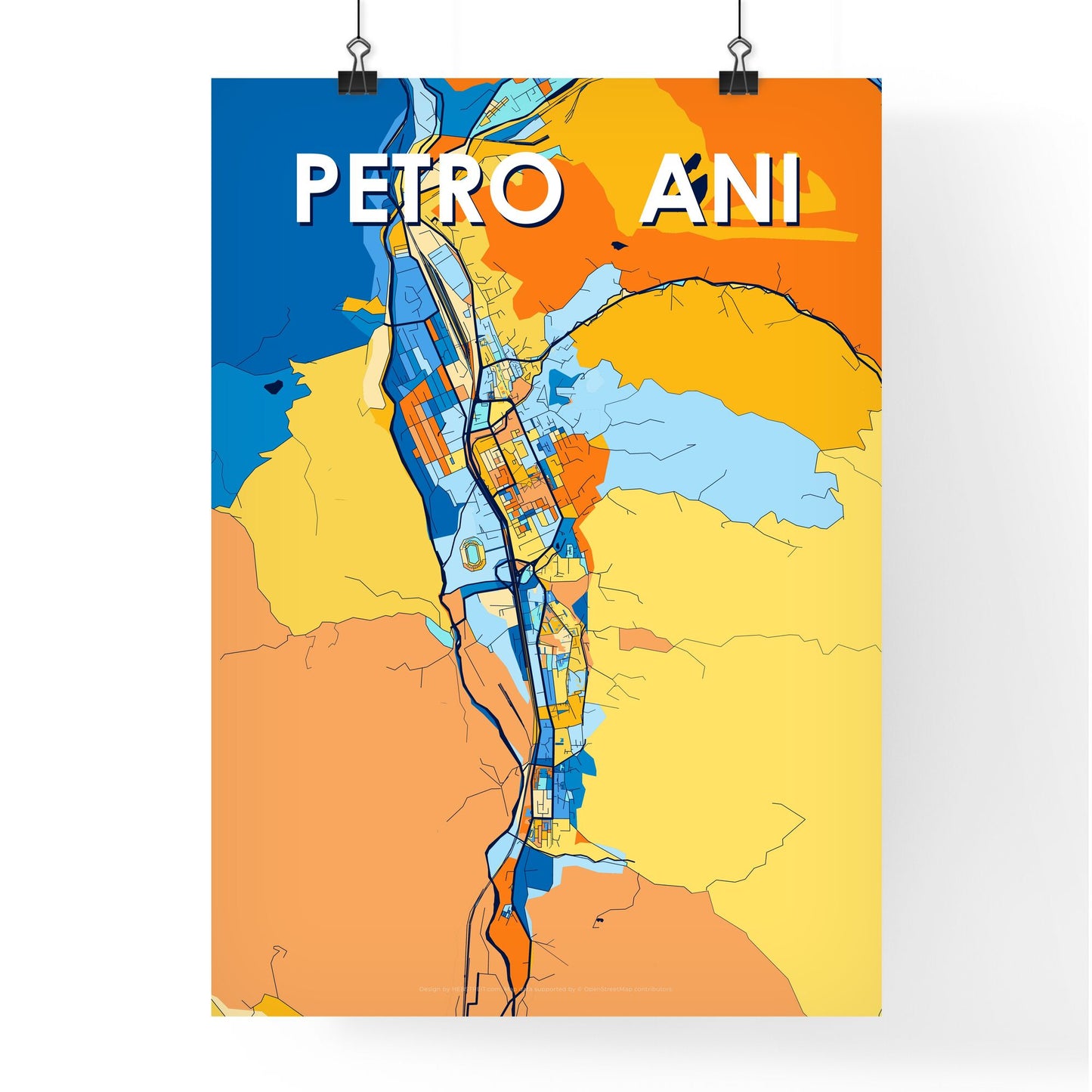 PETROȘANI ROMANIA Vibrant Colorful Art Map Poster Blue Orange