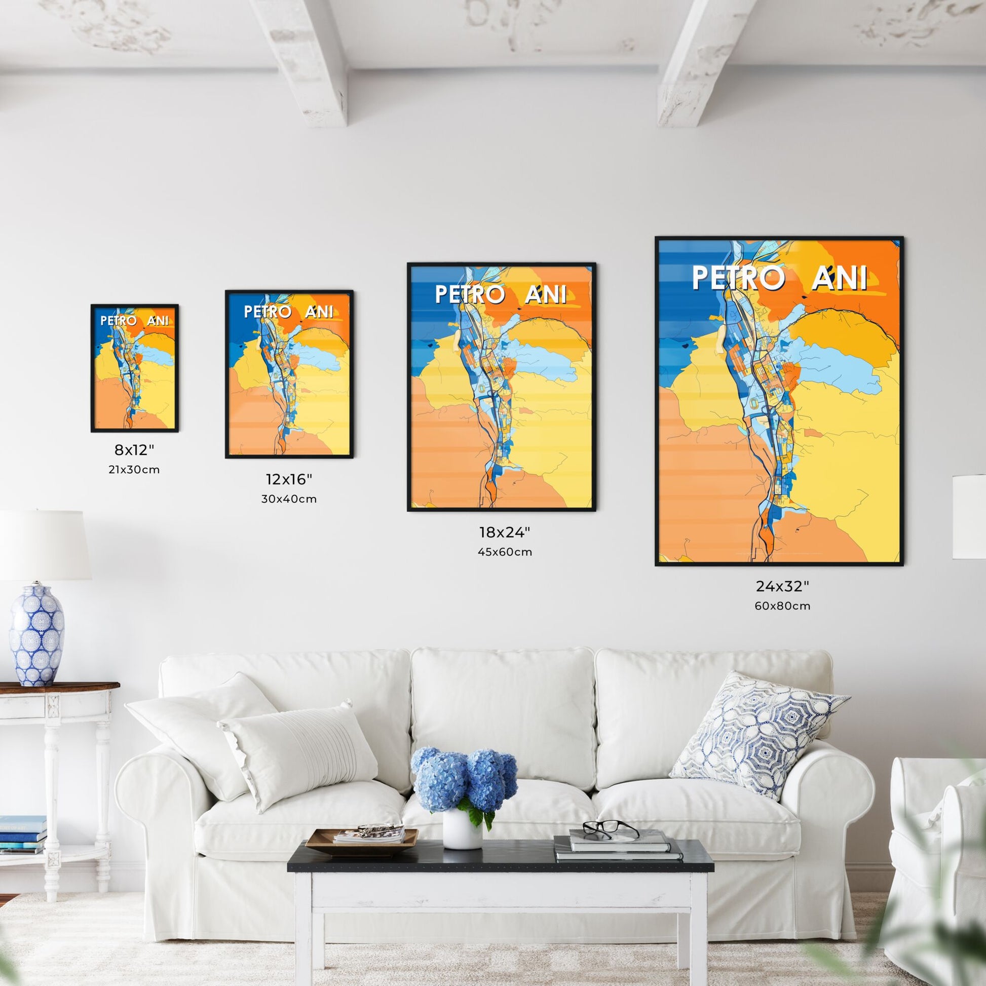 PETROȘANI ROMANIA Vibrant Colorful Art Map Poster Blue Orange