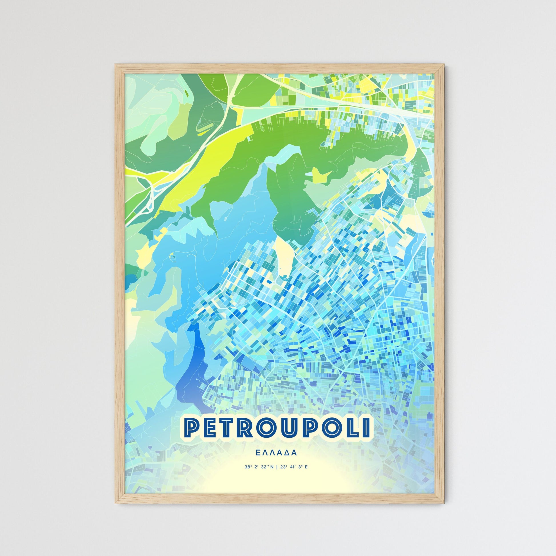 Colorful Petroupoli Greece Fine Art Map Cool Blue