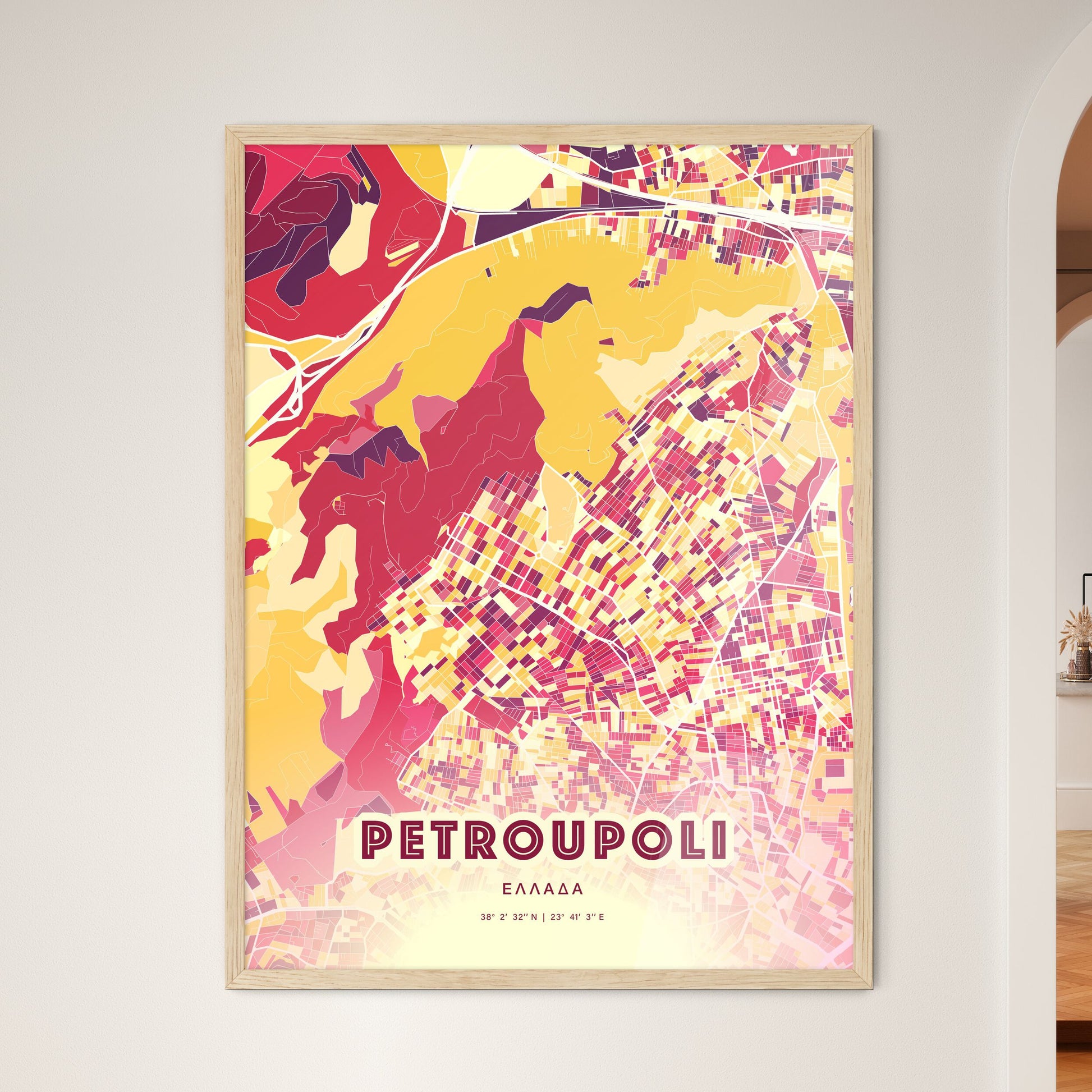 Colorful Petroupoli Greece Fine Art Map Hot Red