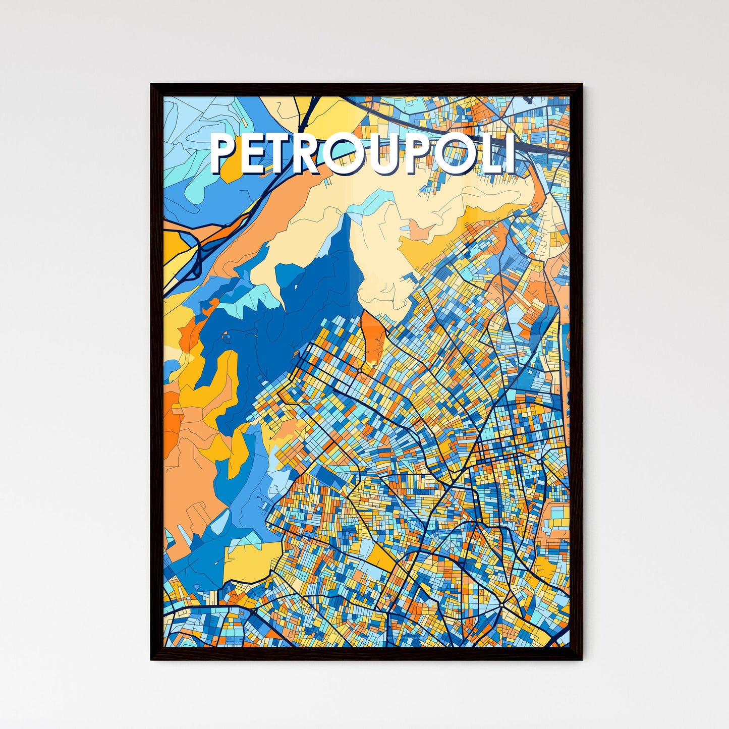 PETROUPOLI GREECE Vibrant Colorful Art Map Poster Blue Orange