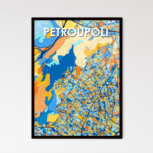 PETROUPOLI GREECE Vibrant Colorful Art Map Poster Blue Orange