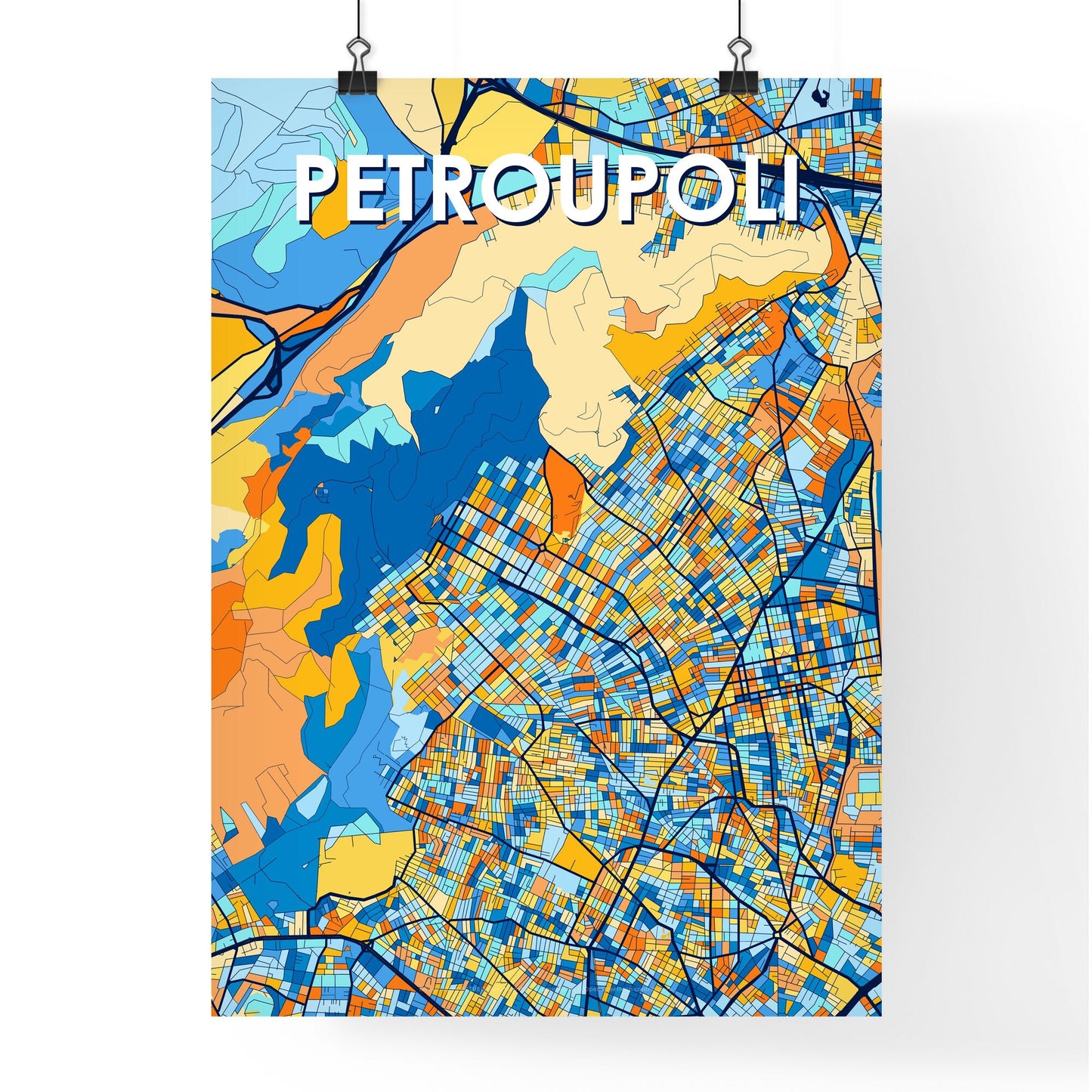 PETROUPOLI GREECE Vibrant Colorful Art Map Poster Blue Orange