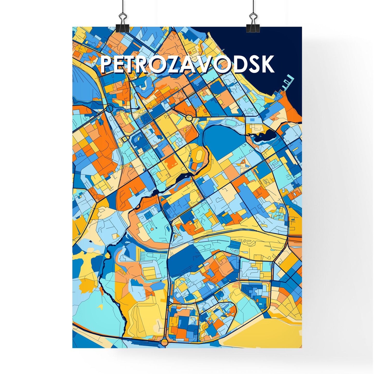 PETROZAVODSK RUSSIA Vibrant Colorful Art Map Poster Blue Orange