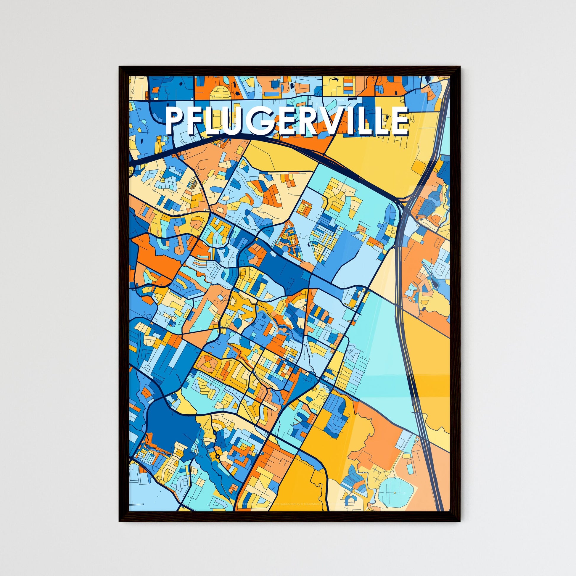 PFLUGERVILLE TEXAS Vibrant Colorful Art Map Poster Blue Orange