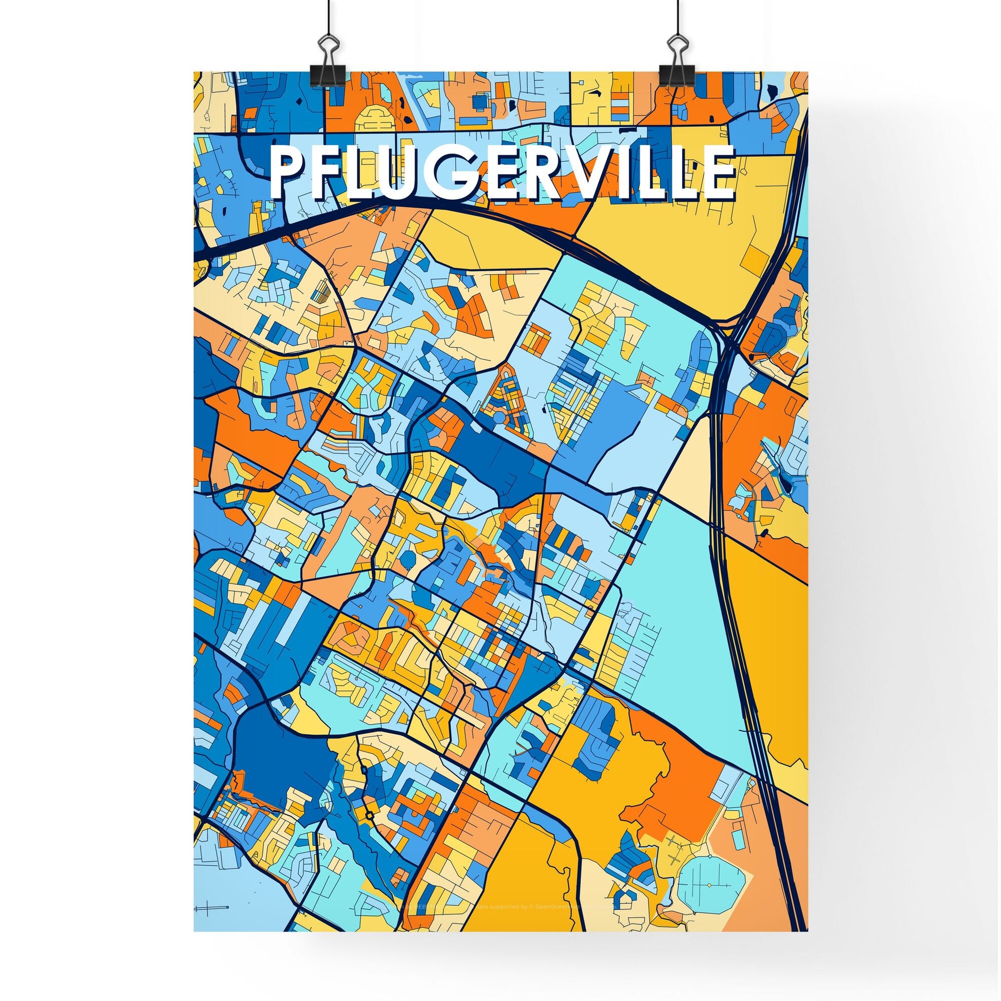 PFLUGERVILLE TEXAS Vibrant Colorful Art Map Poster Blue Orange
