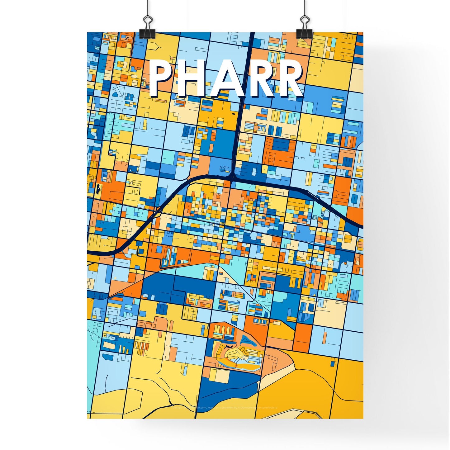 PHARR TEXAS Vibrant Colorful Art Map Poster Blue Orange