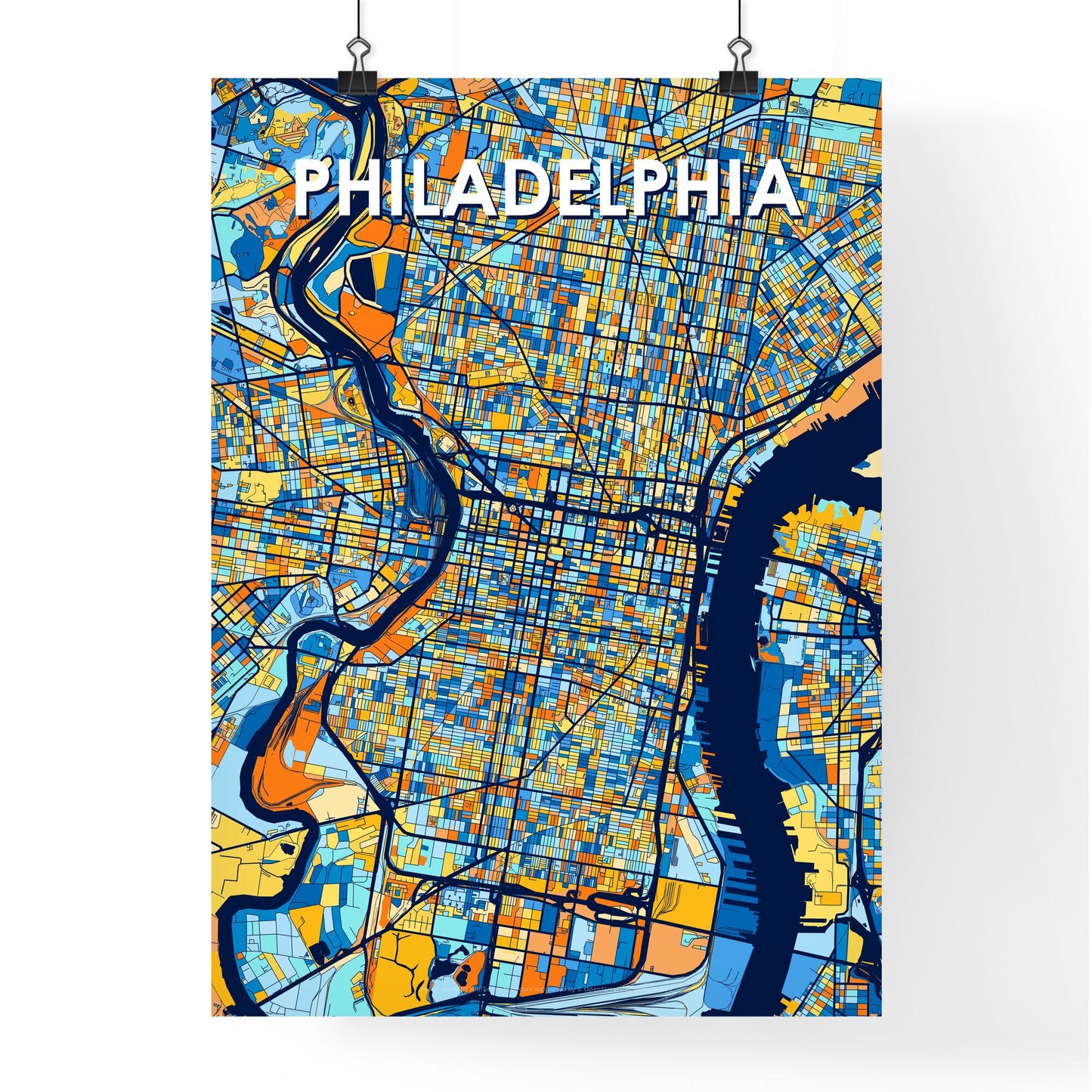 PHILADELPHIA PENNSYLVANIA Vibrant Colorful Art Map Poster Blue Orange