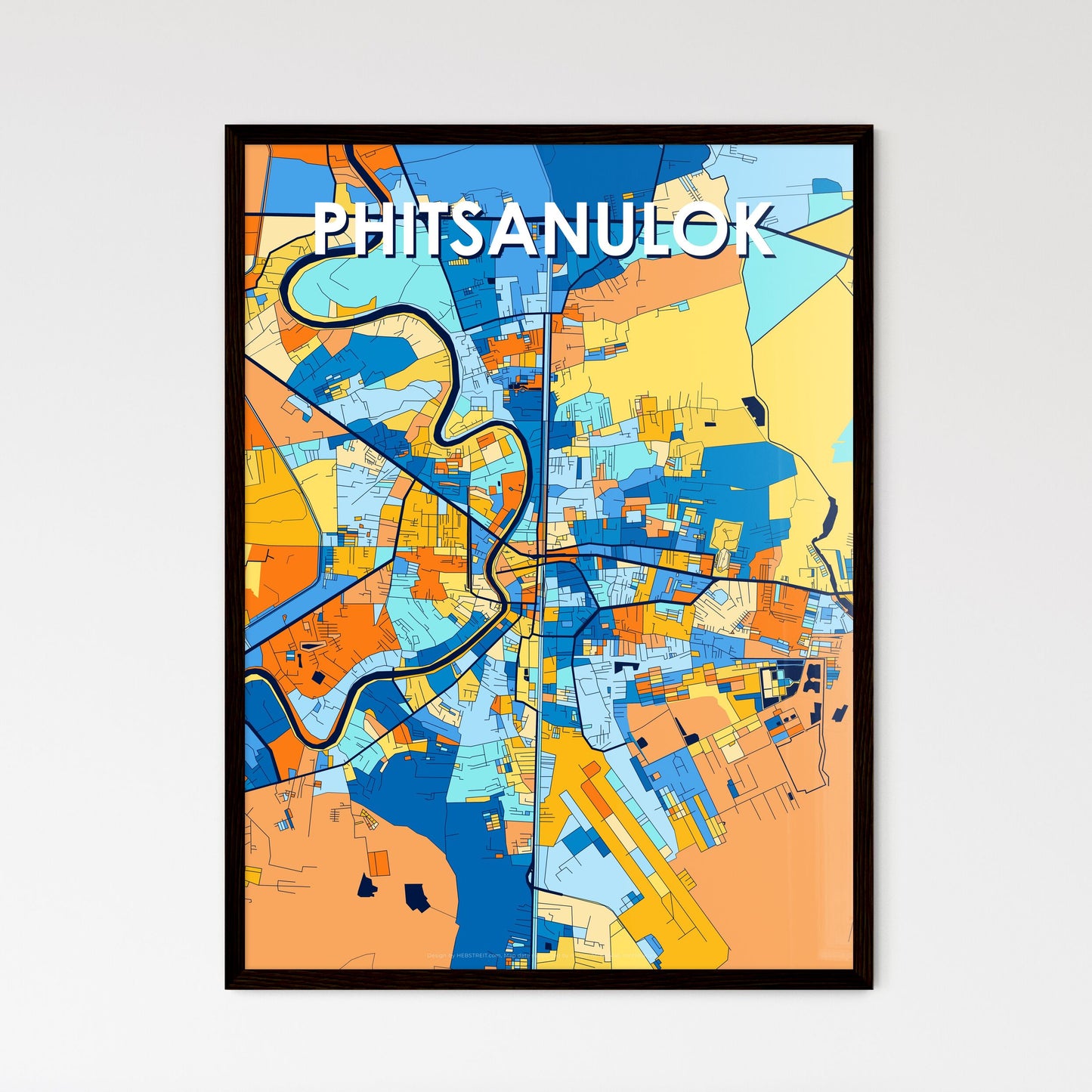 PHITSANULOK THAILAND Vibrant Colorful Art Map Poster Blue Orange