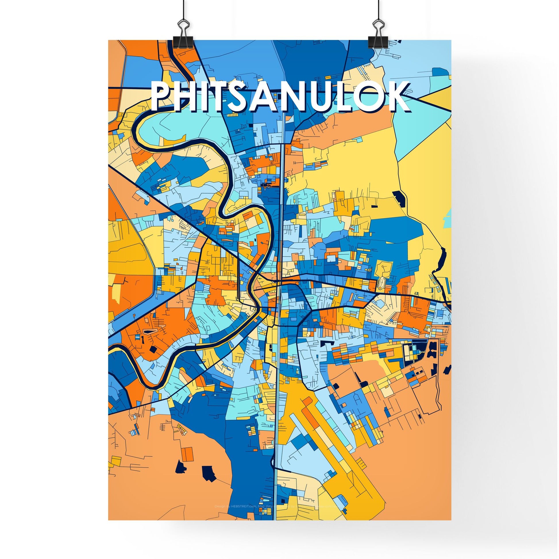 PHITSANULOK THAILAND Vibrant Colorful Art Map Poster Blue Orange