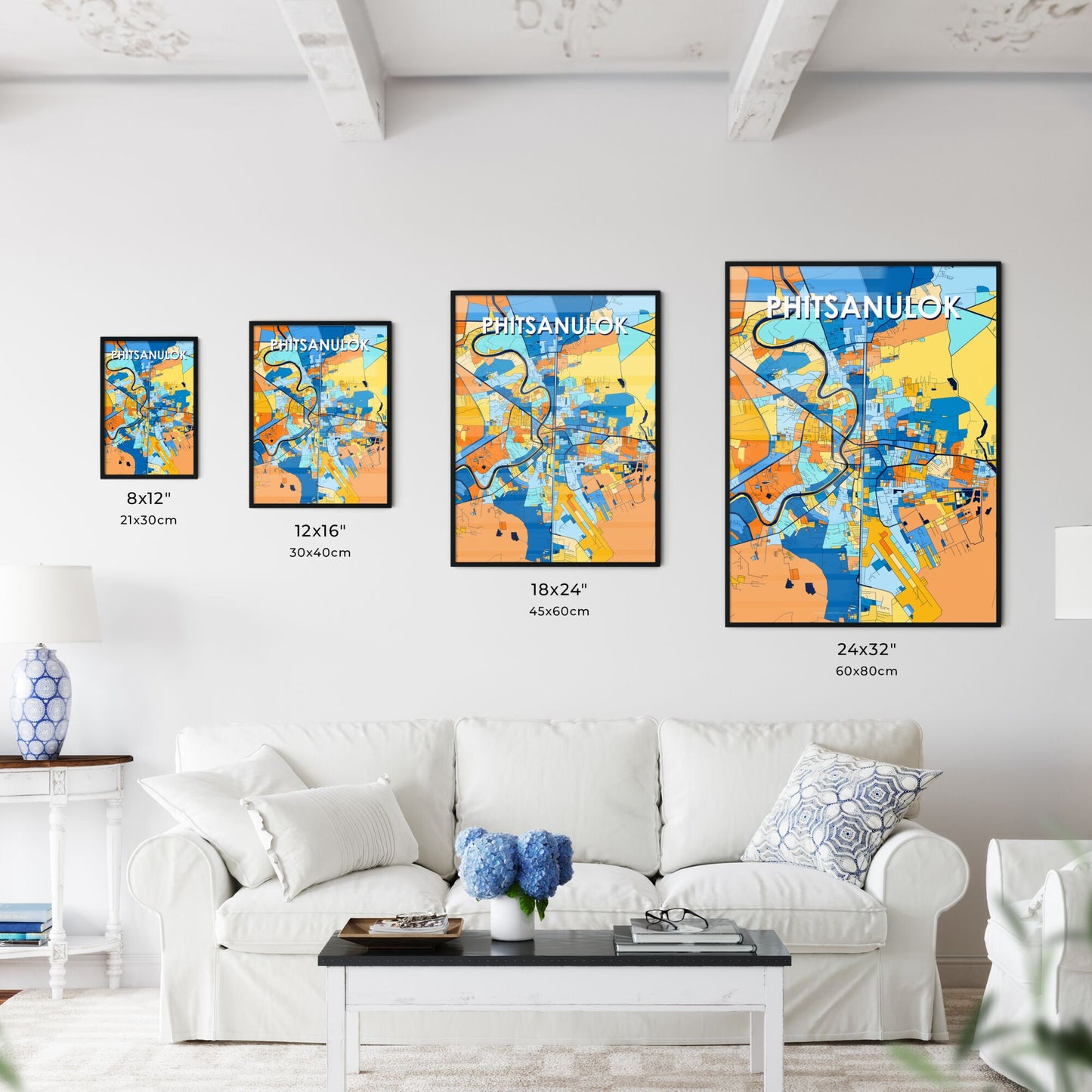 PHITSANULOK THAILAND Vibrant Colorful Art Map Poster Blue Orange