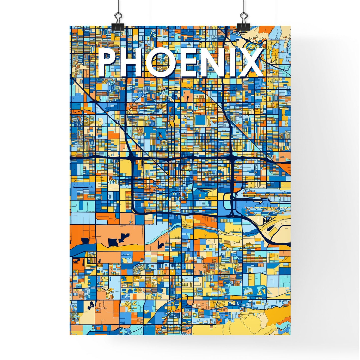 PHOENIX ARIZONA Vibrant Colorful Art Map Poster Blue Orange