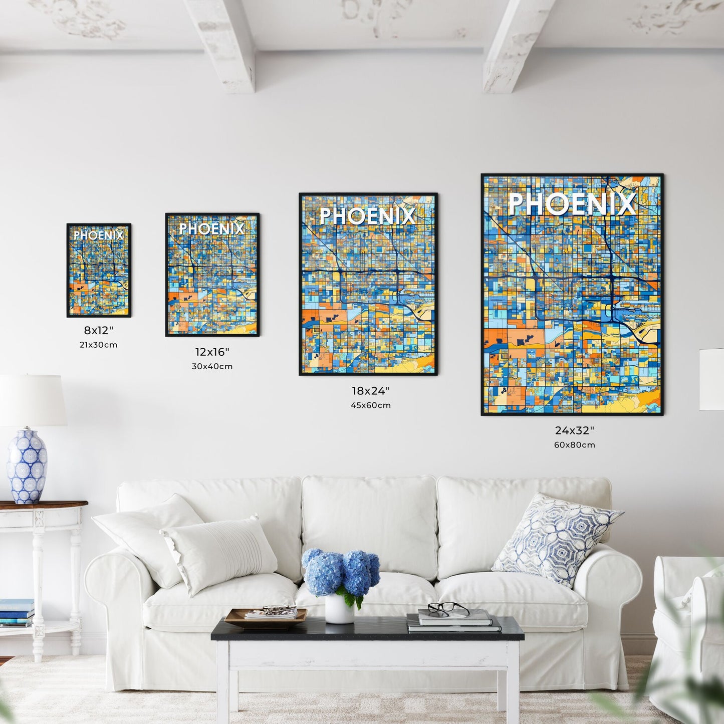 PHOENIX ARIZONA Vibrant Colorful Art Map Poster Blue Orange