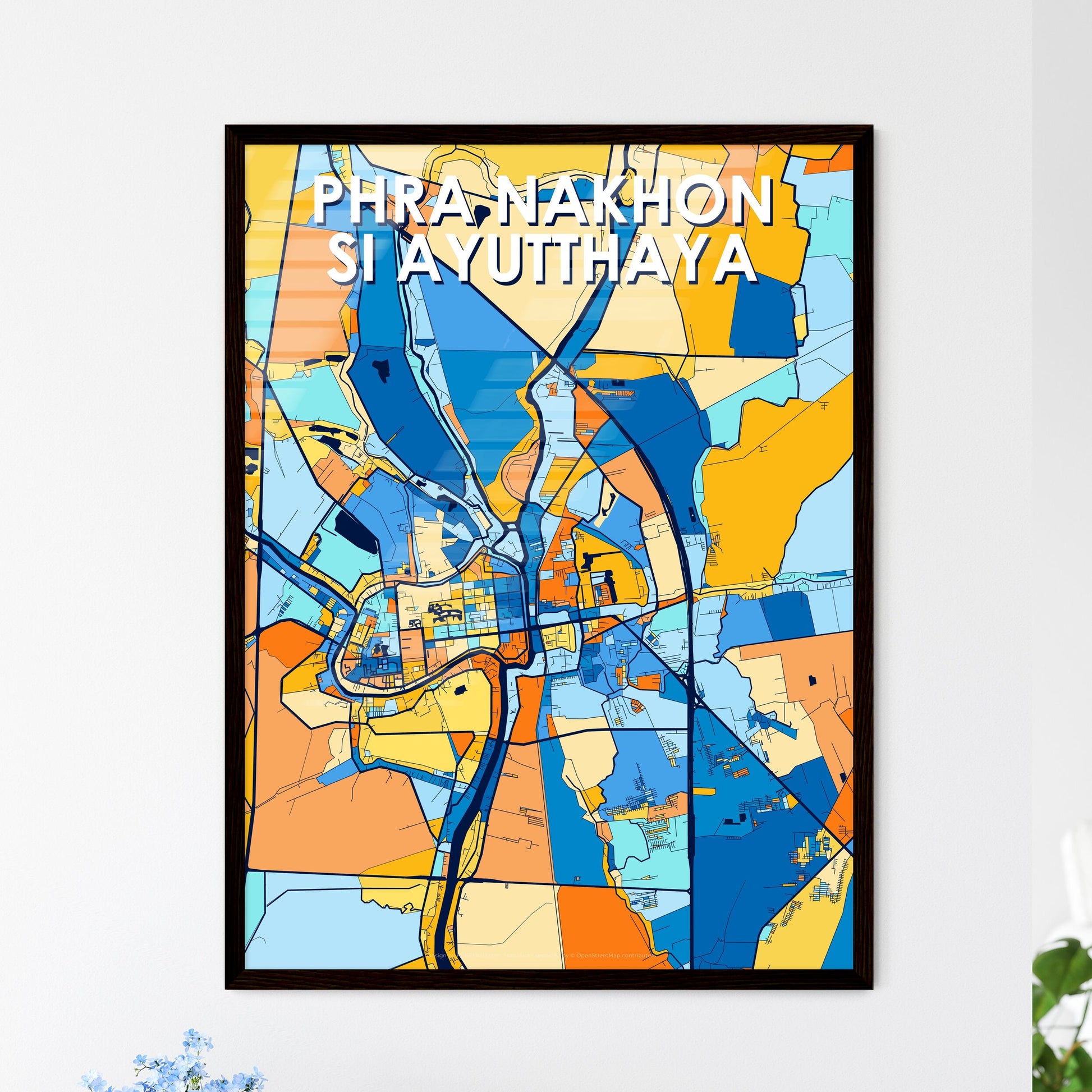 PHRA NAKHON SI AYUTTHAYA THAILAND Vibrant Colorful Art Map Poster Blue Orange