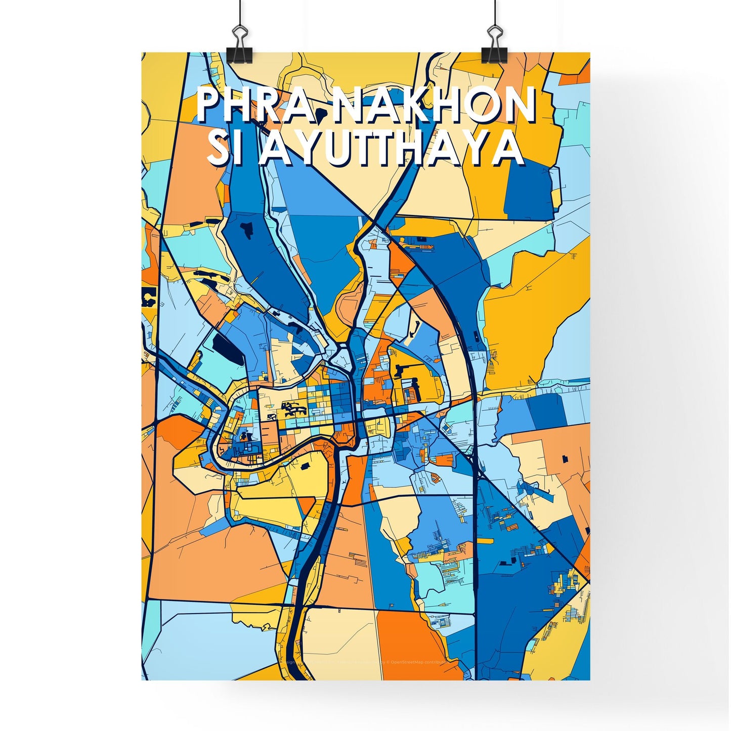 PHRA NAKHON SI AYUTTHAYA THAILAND Vibrant Colorful Art Map Poster Blue Orange