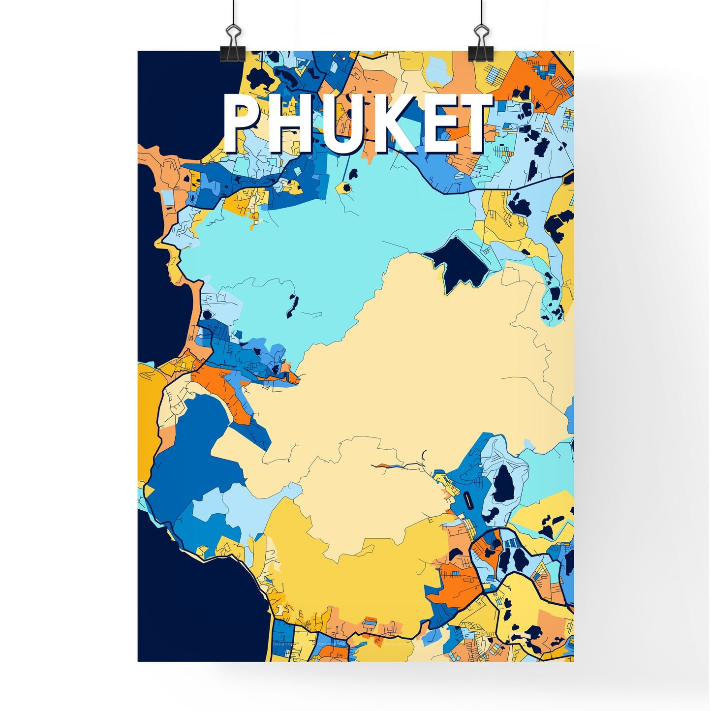 PHUKET THAILAND Vibrant Colorful Art Map Poster Blue Orange