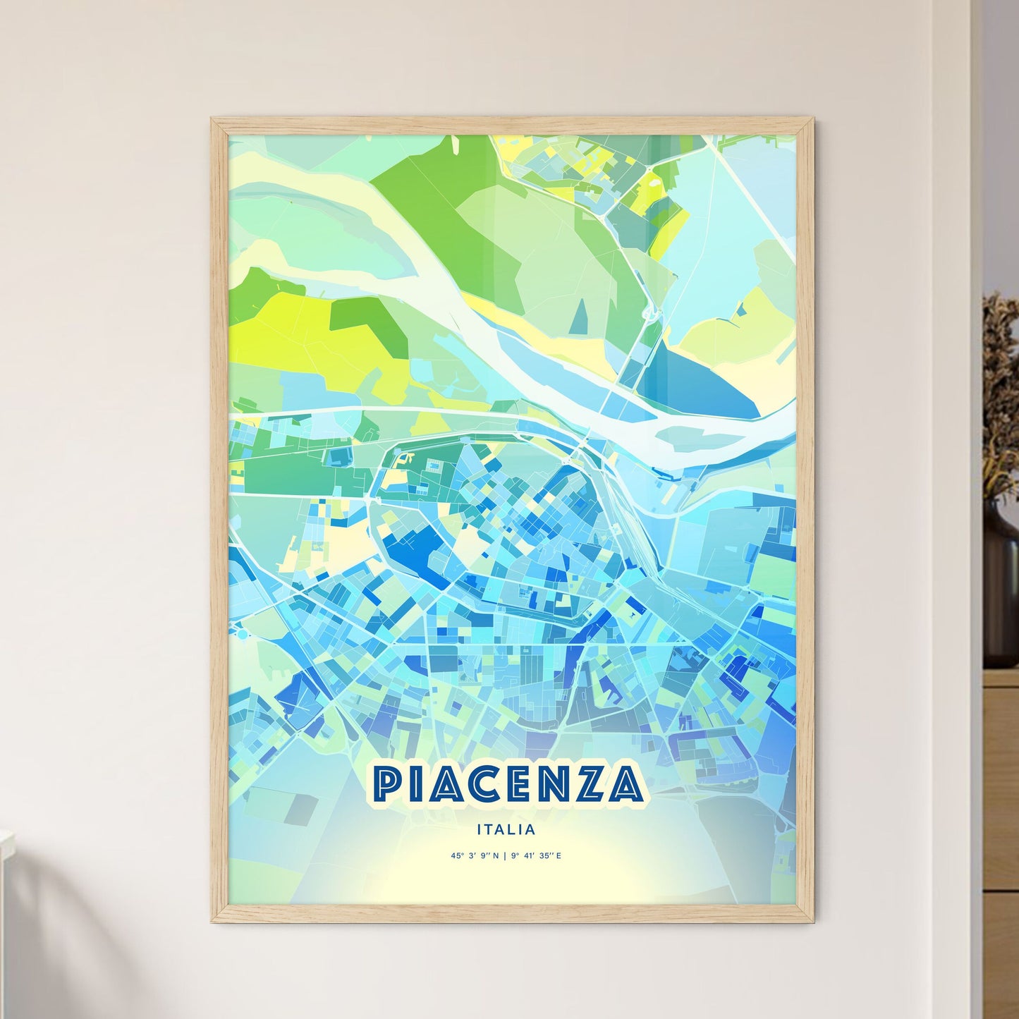Colorful Piacenza Italy Fine Art Map Cool Blue