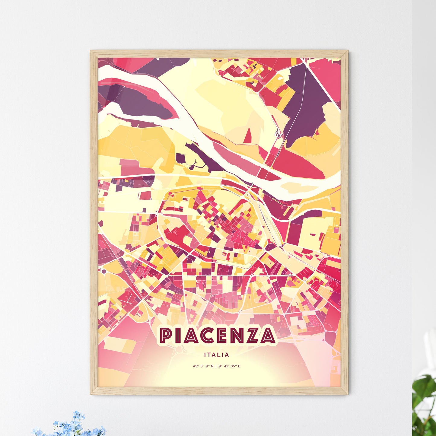 Colorful Piacenza Italy Fine Art Map Hot Red