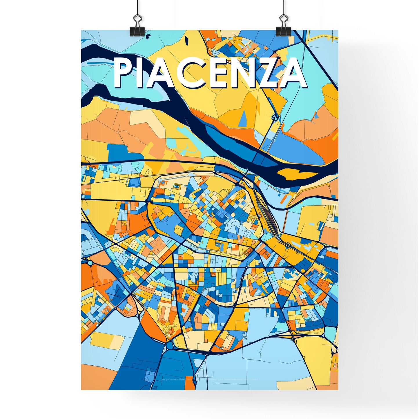 PIACENZA ITALY Vibrant Colorful Art Map Poster Blue Orange