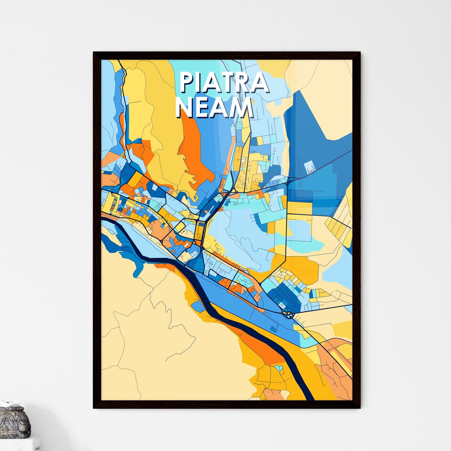 PIATRA NEAMȚ ROMANIA Vibrant Colorful Art Map Poster Blue Orange