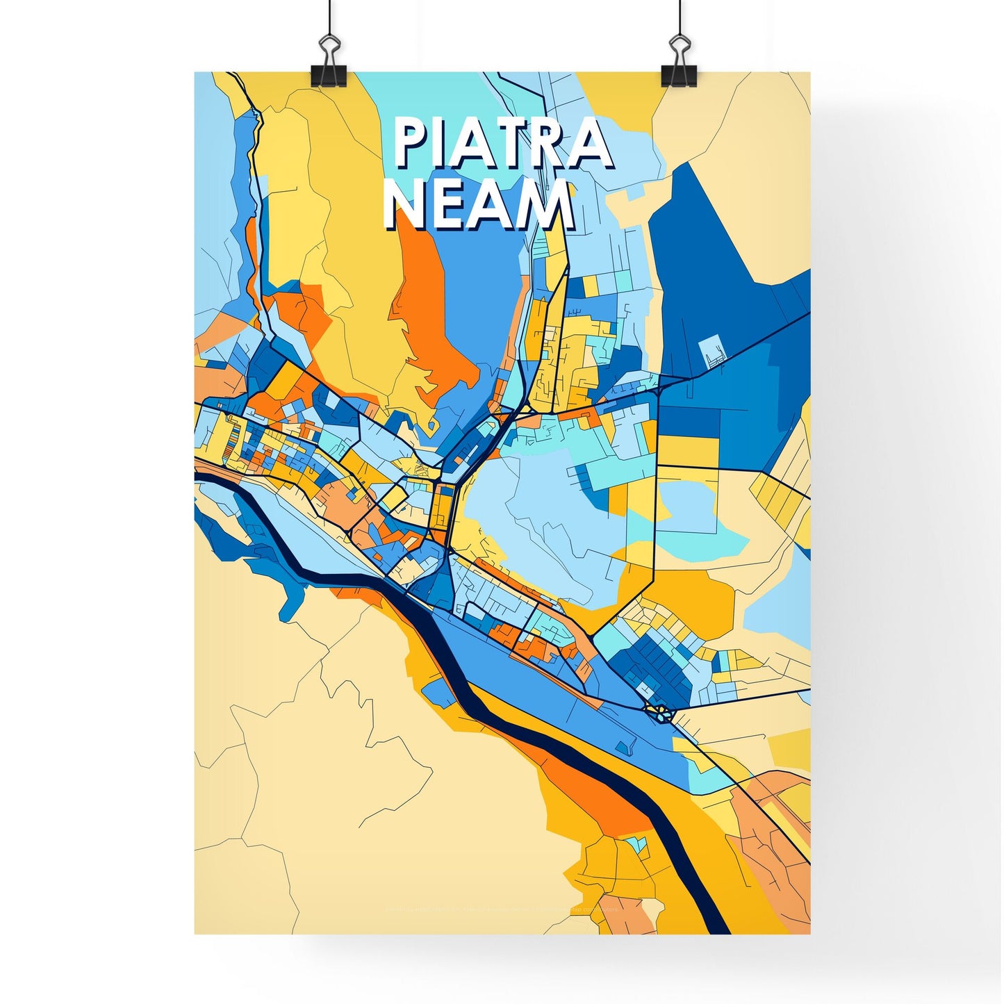 PIATRA NEAMȚ ROMANIA Vibrant Colorful Art Map Poster Blue Orange