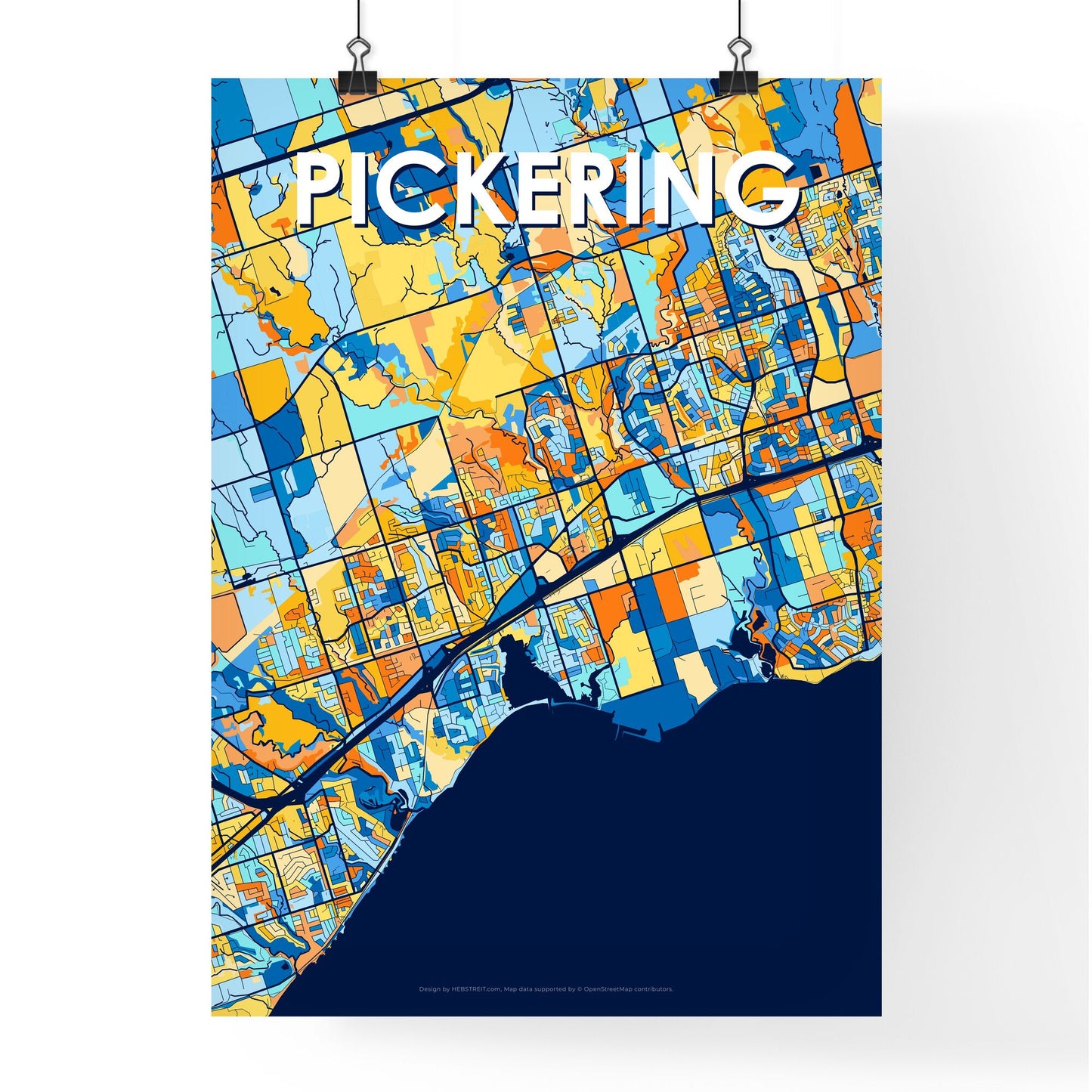 PICKERING CANADA Vibrant Colorful Art Map Poster Blue Orange