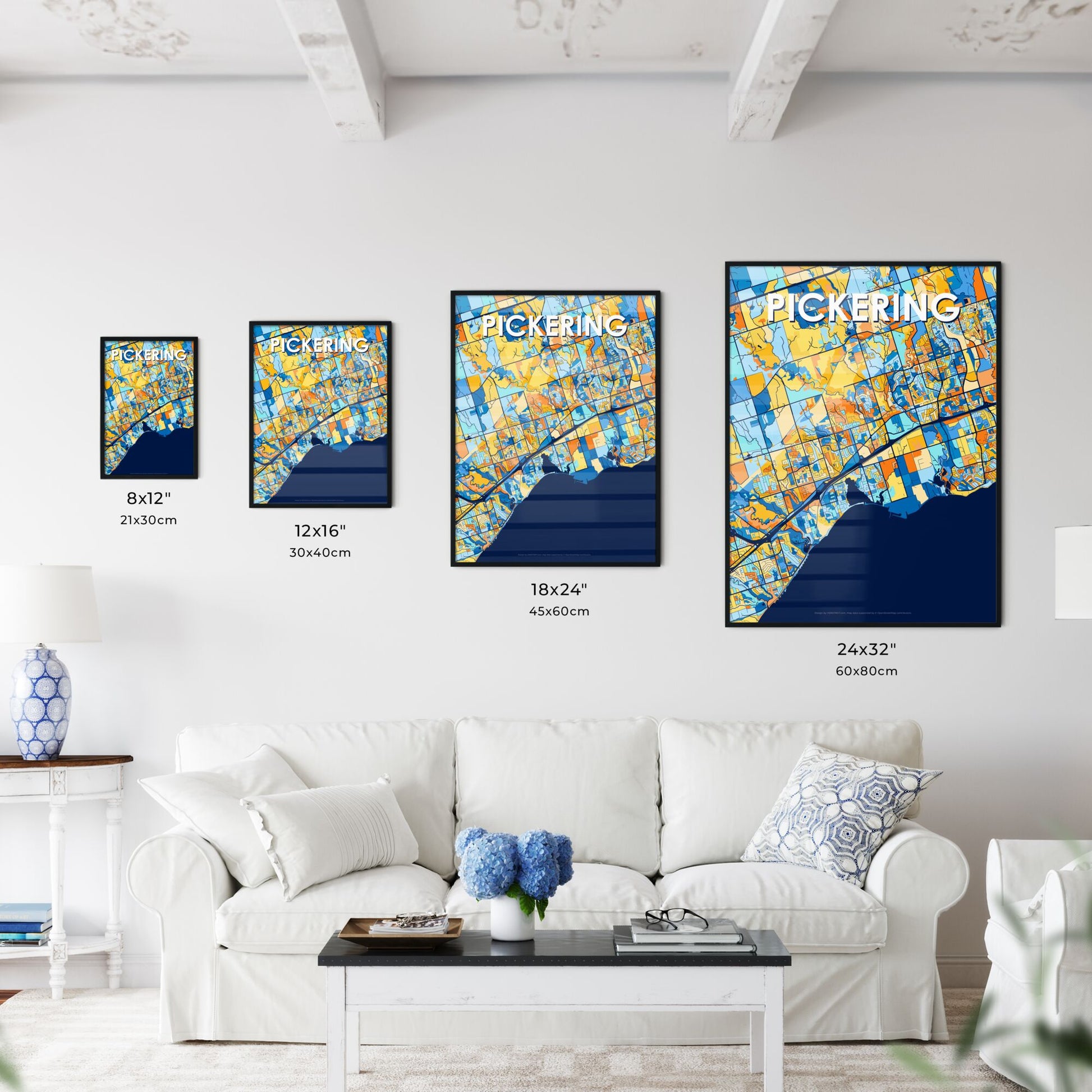 PICKERING CANADA Vibrant Colorful Art Map Poster Blue Orange