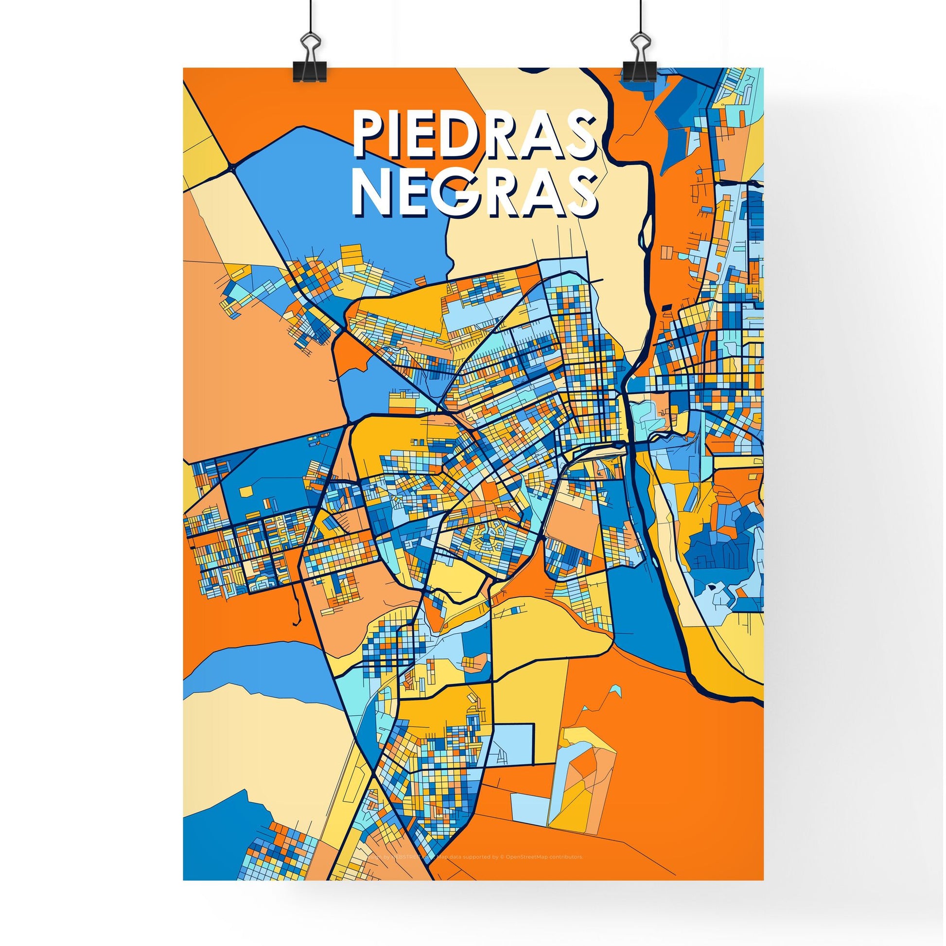 PIEDRAS NEGRAS MEXICO Vibrant Colorful Art Map Poster Blue Orange