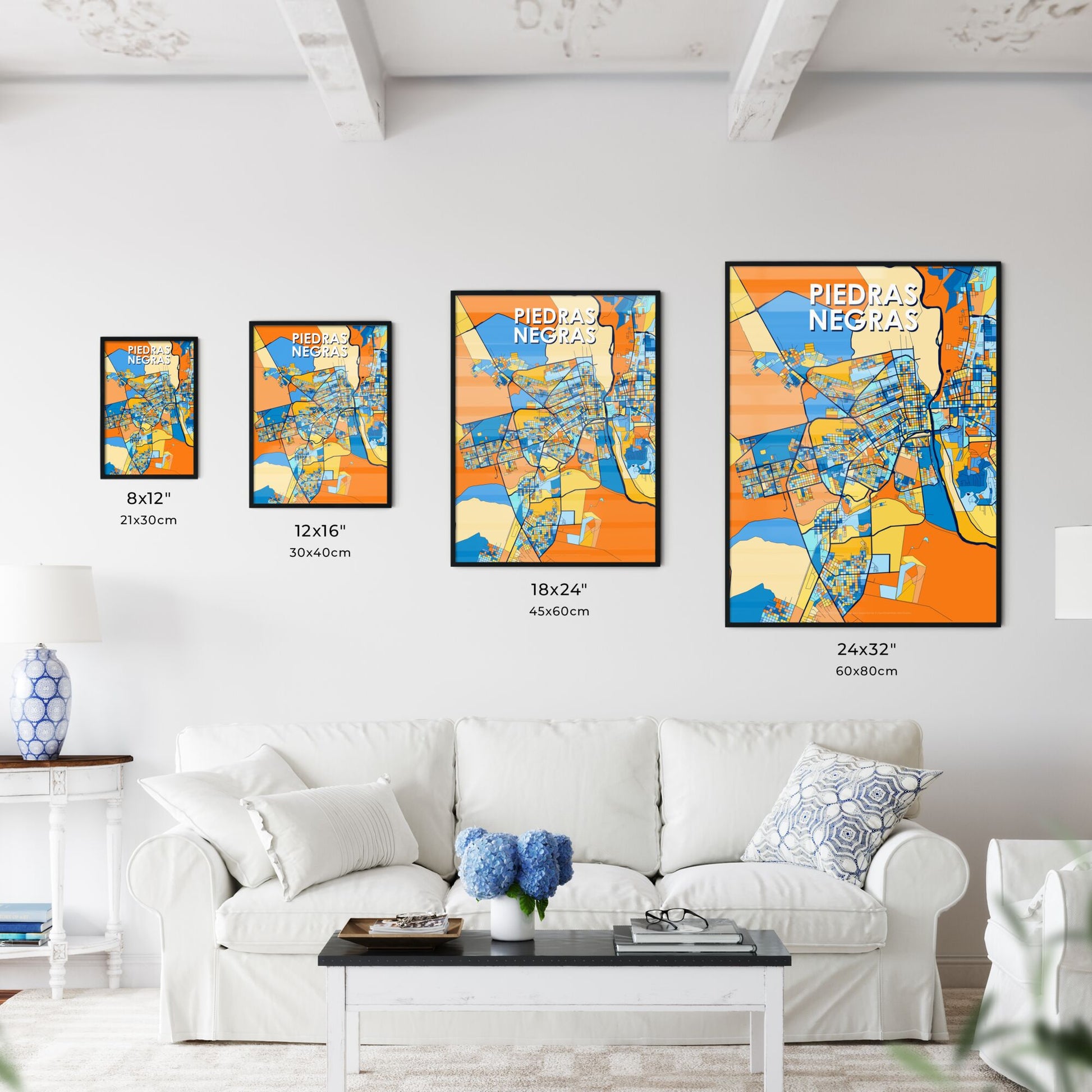 PIEDRAS NEGRAS MEXICO Vibrant Colorful Art Map Poster Blue Orange