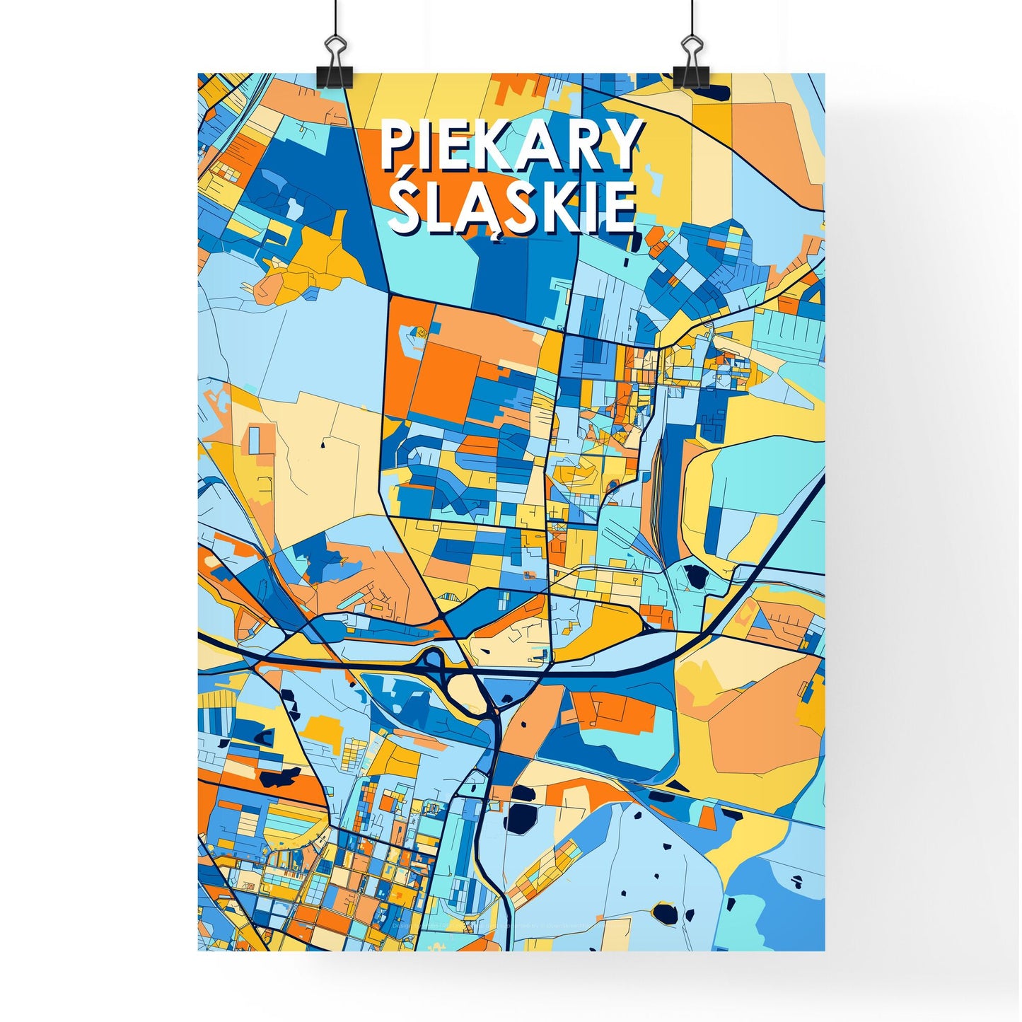 PIEKARY ŚLĄSKIE POLAND Vibrant Colorful Art Map Poster Blue Orange