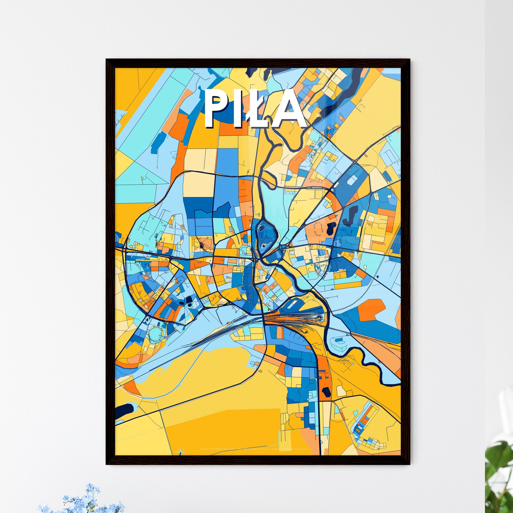 PIŁA POLAND Vibrant Colorful Art Map Poster Blue Orange