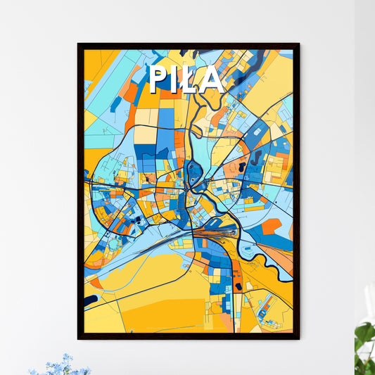 PIŁA POLAND Vibrant Colorful Art Map Poster Blue Orange