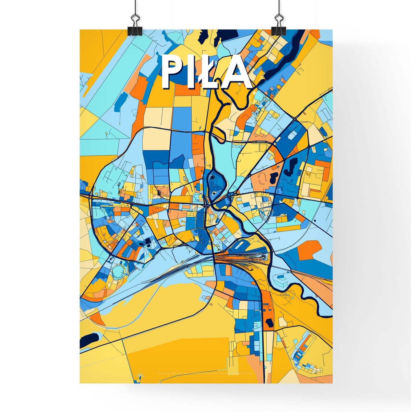 PIŁA POLAND Vibrant Colorful Art Map Poster Blue Orange