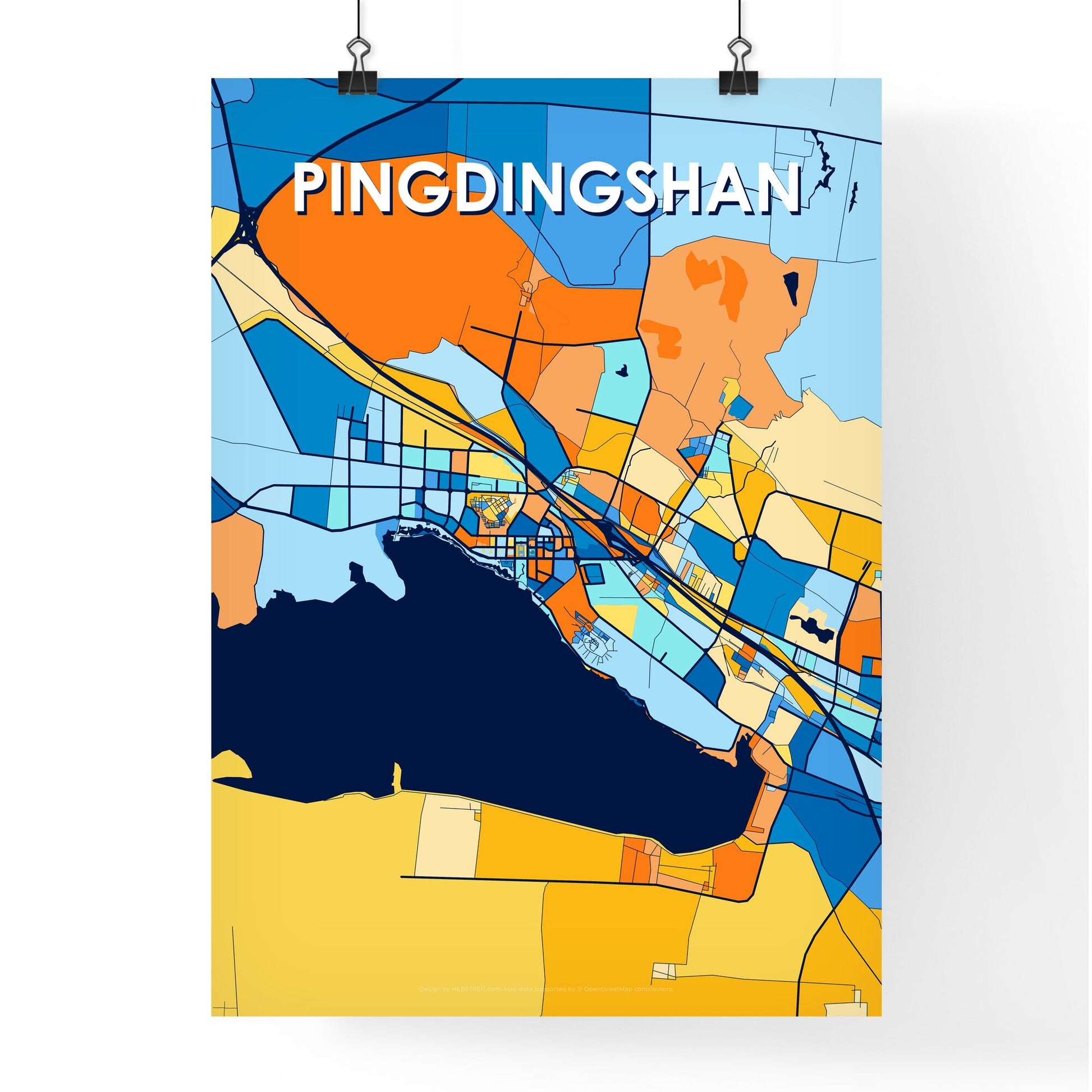 PINGDINGSHAN CHINA Vibrant Colorful Art Map Poster Blue Orange