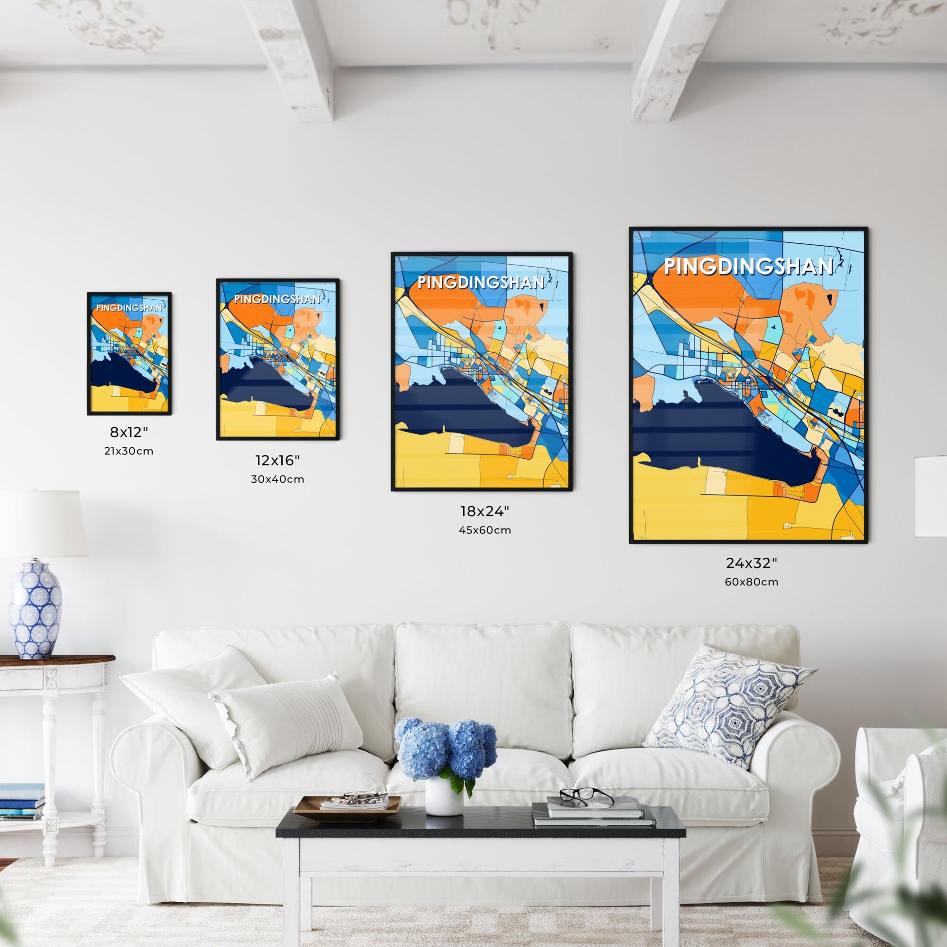 PINGDINGSHAN CHINA Vibrant Colorful Art Map Poster Blue Orange