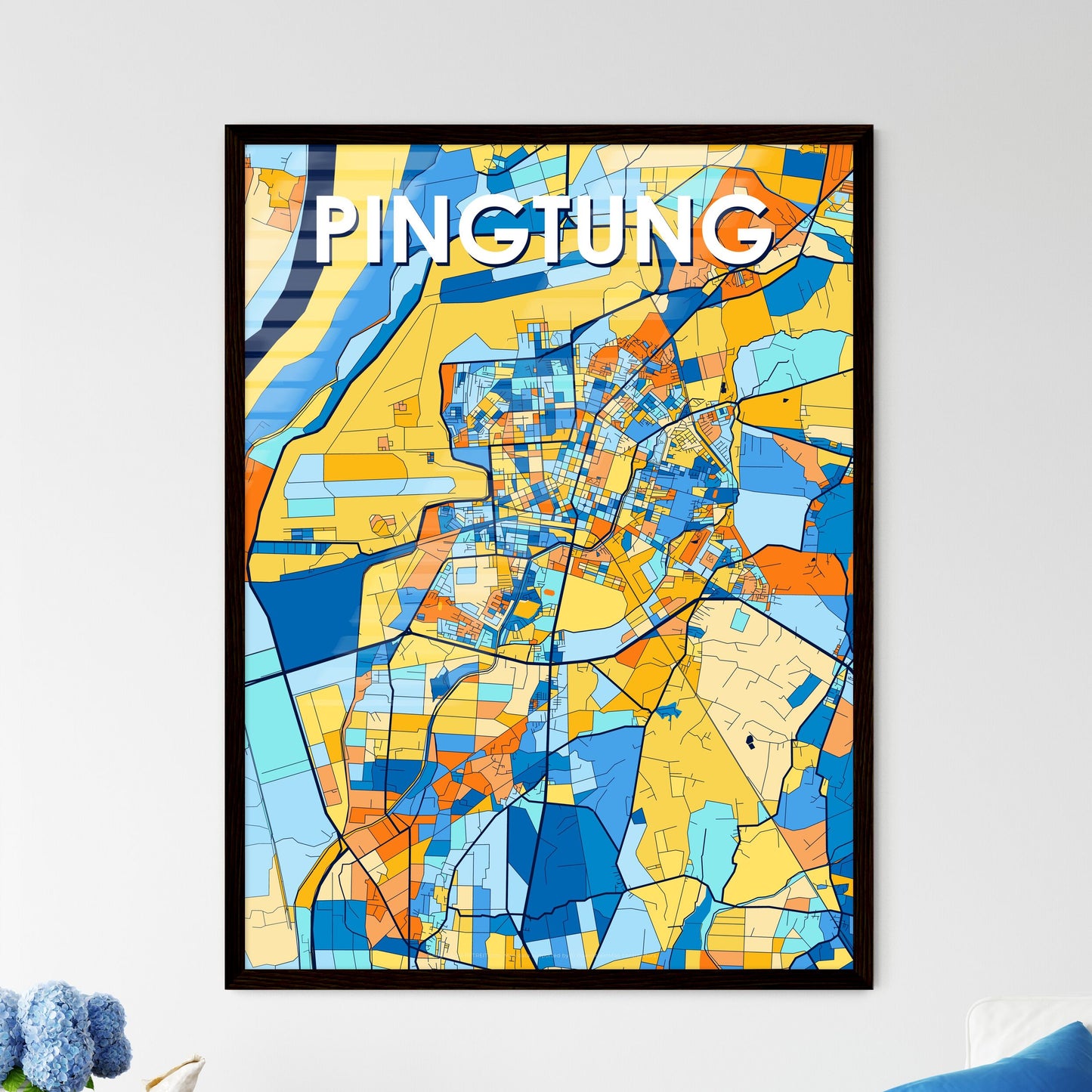 PINGTUNG TAIWAN Vibrant Colorful Art Map Poster Blue Orange