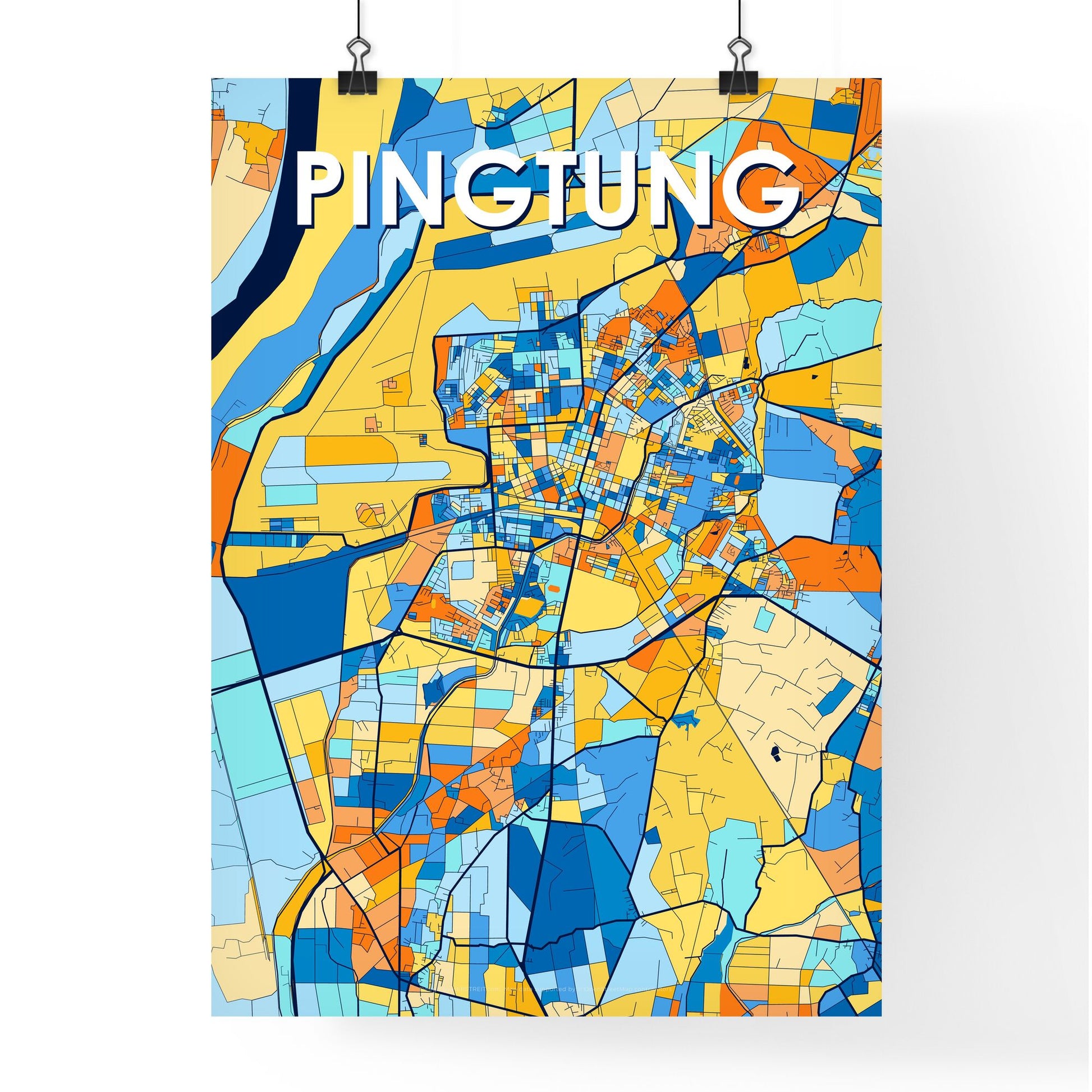 PINGTUNG TAIWAN Vibrant Colorful Art Map Poster Blue Orange