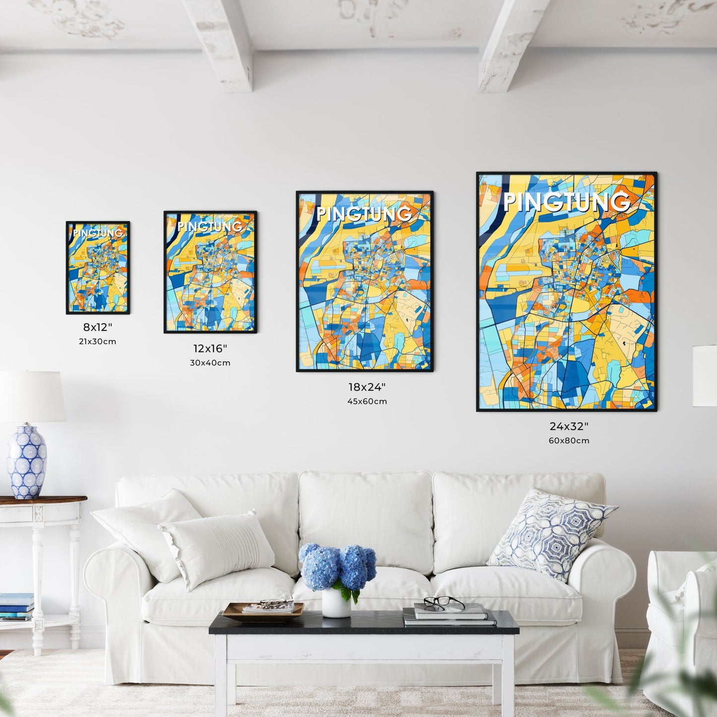 PINGTUNG TAIWAN Vibrant Colorful Art Map Poster Blue Orange