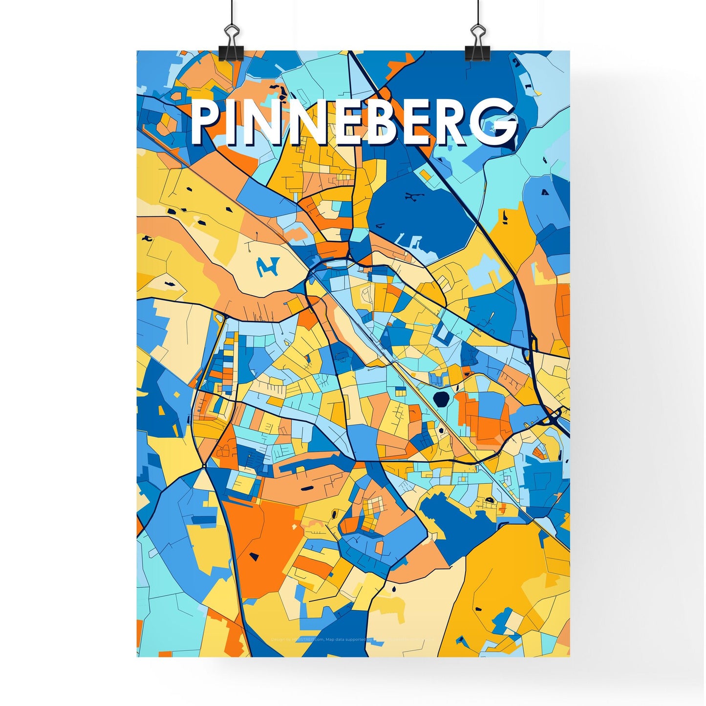 PINNEBERG GERMANY Vibrant Colorful Art Map Poster Blue Orange