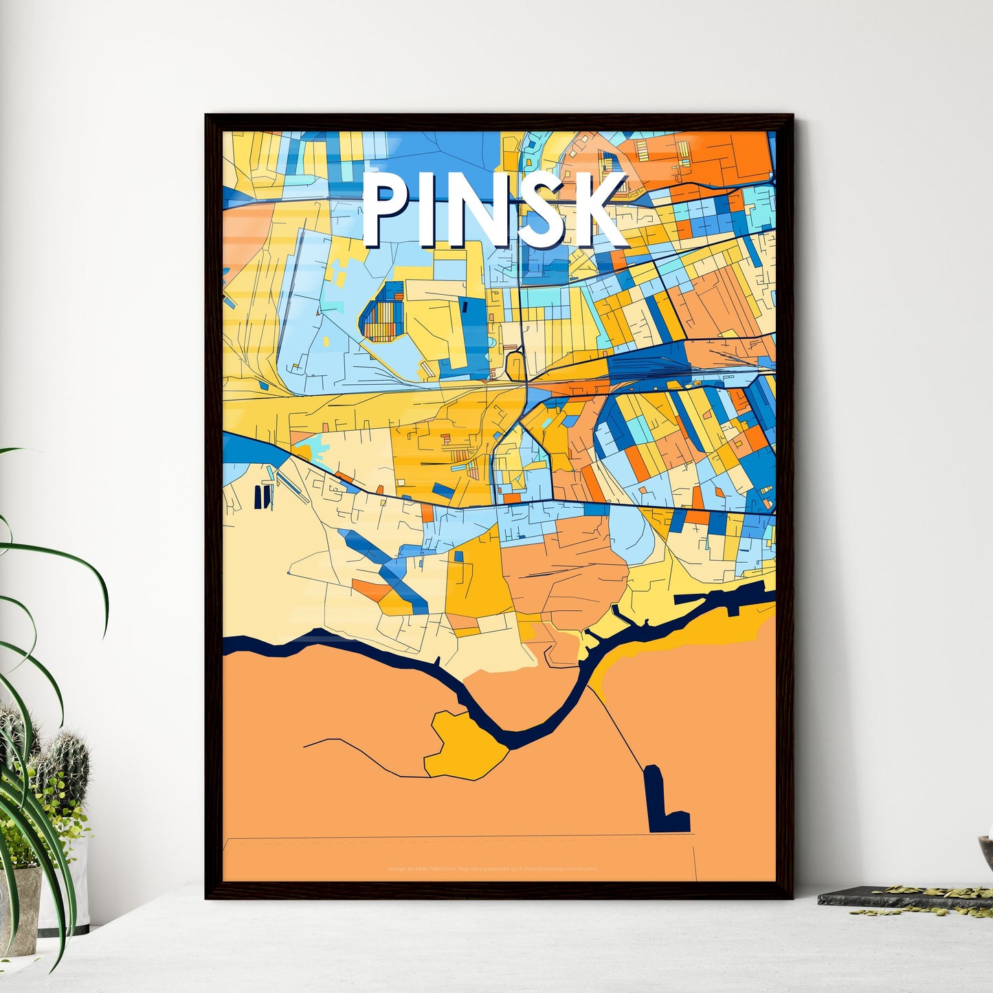 PINSK BELARUS Vibrant Colorful Art Map Poster Blue Orange