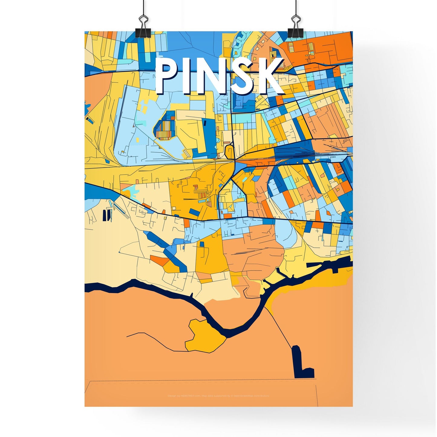 PINSK BELARUS Vibrant Colorful Art Map Poster Blue Orange