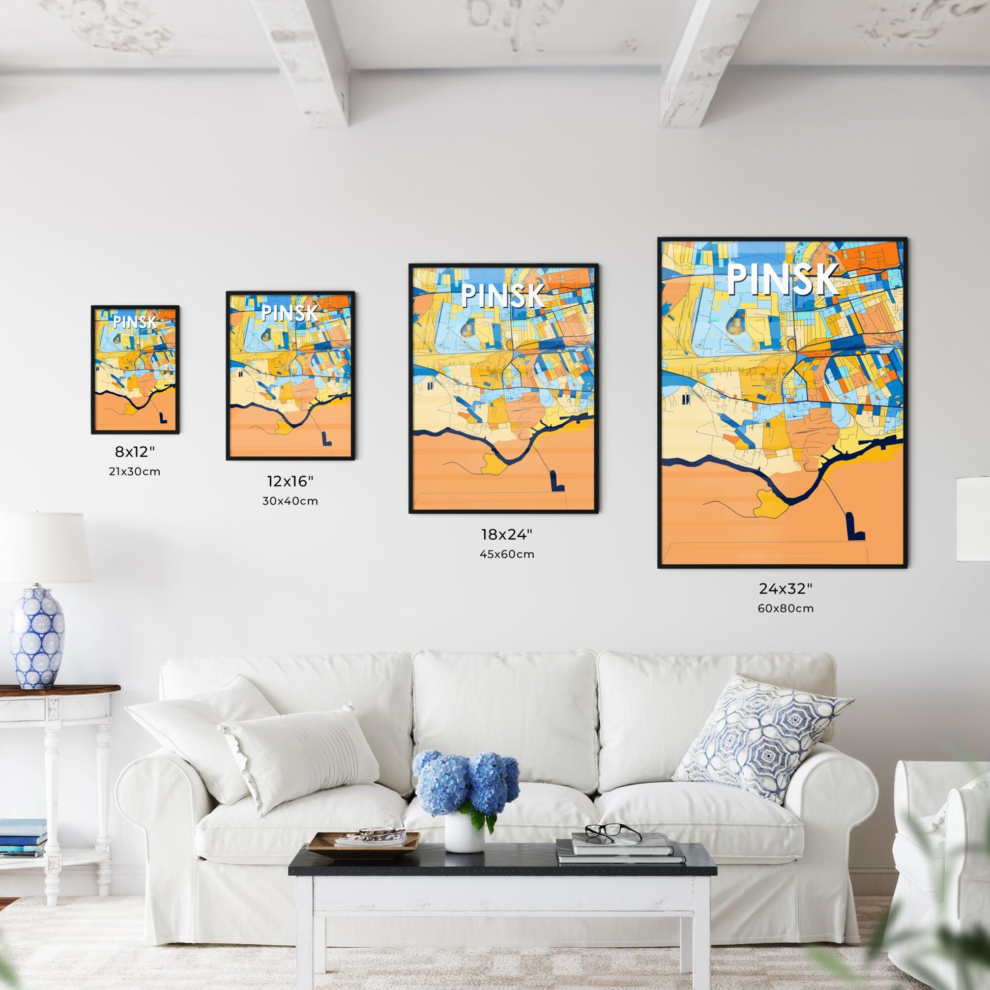 PINSK BELARUS Vibrant Colorful Art Map Poster Blue Orange