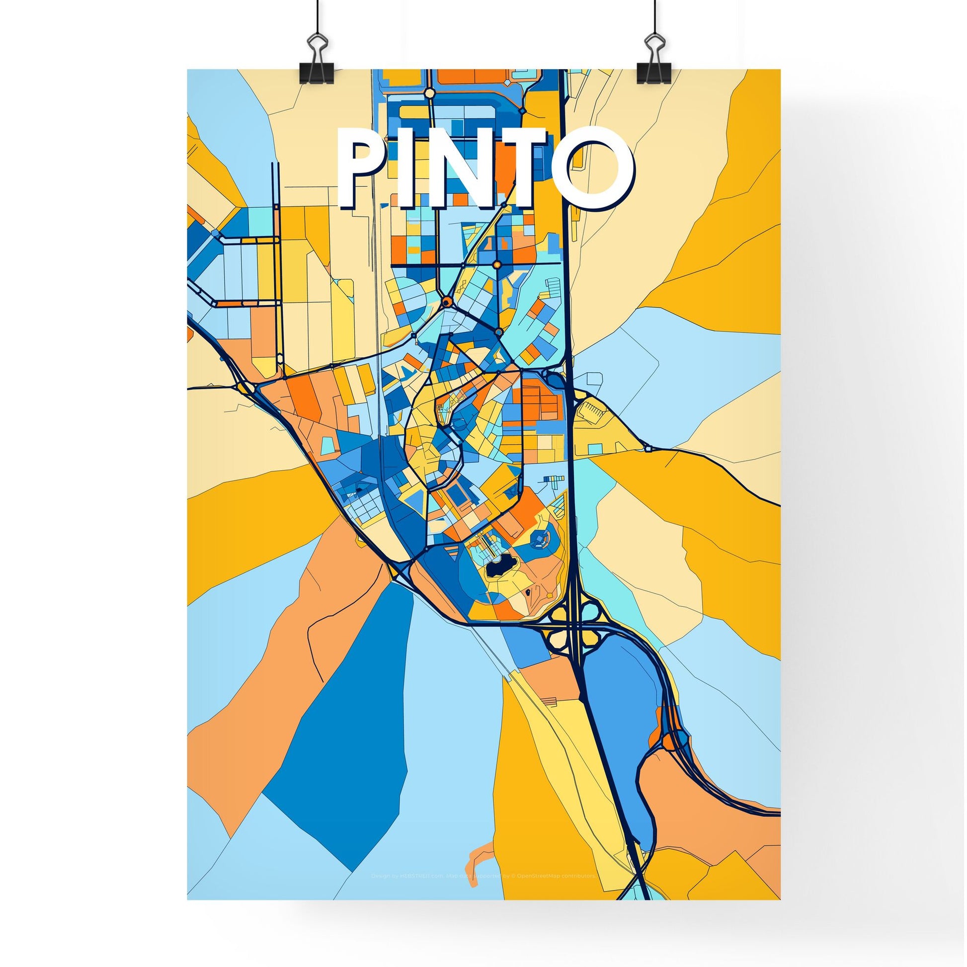 PINTO SPAIN Vibrant Colorful Art Map Poster Blue Orange