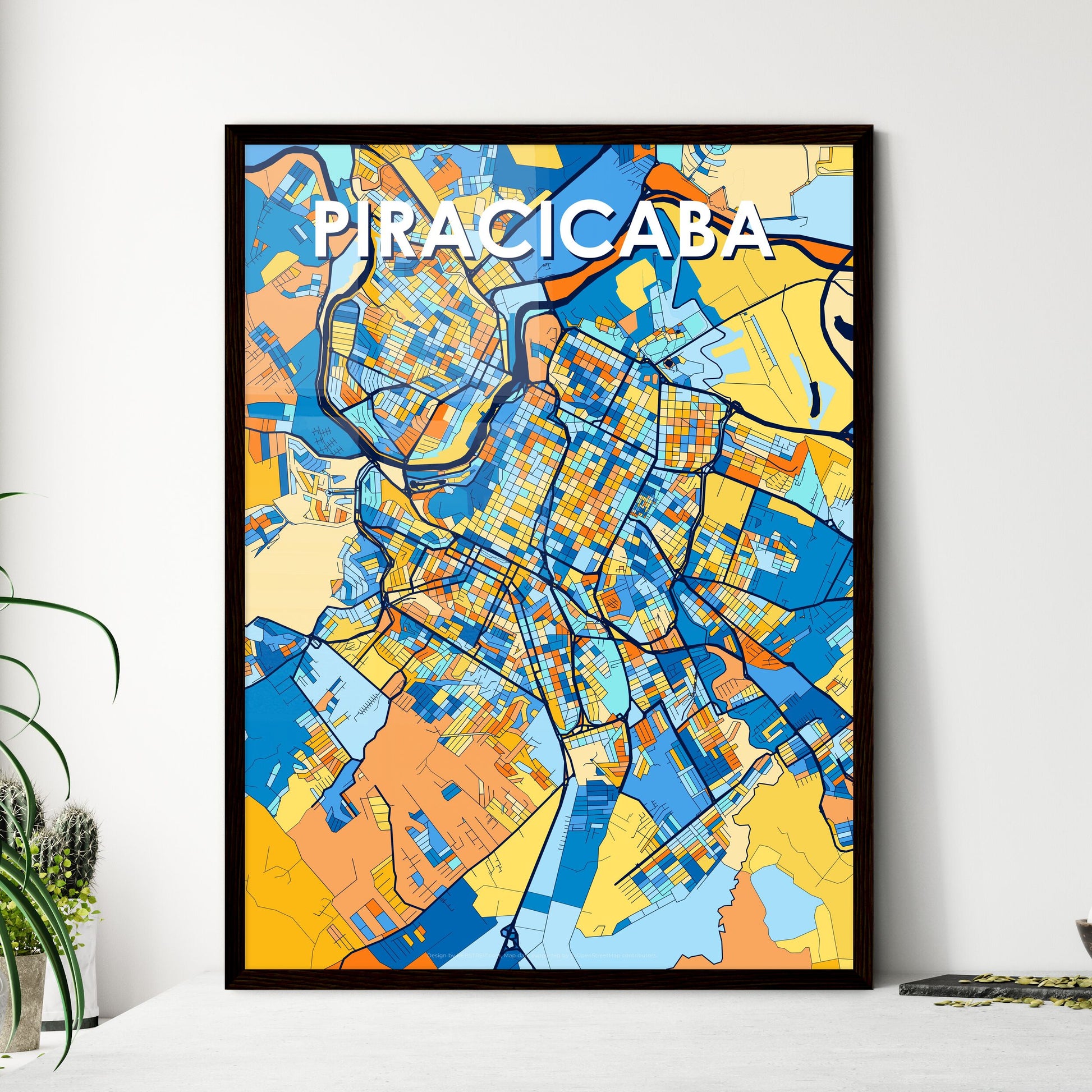 PIRACICABA BRAZIL Vibrant Colorful Art Map Poster Blue Orange