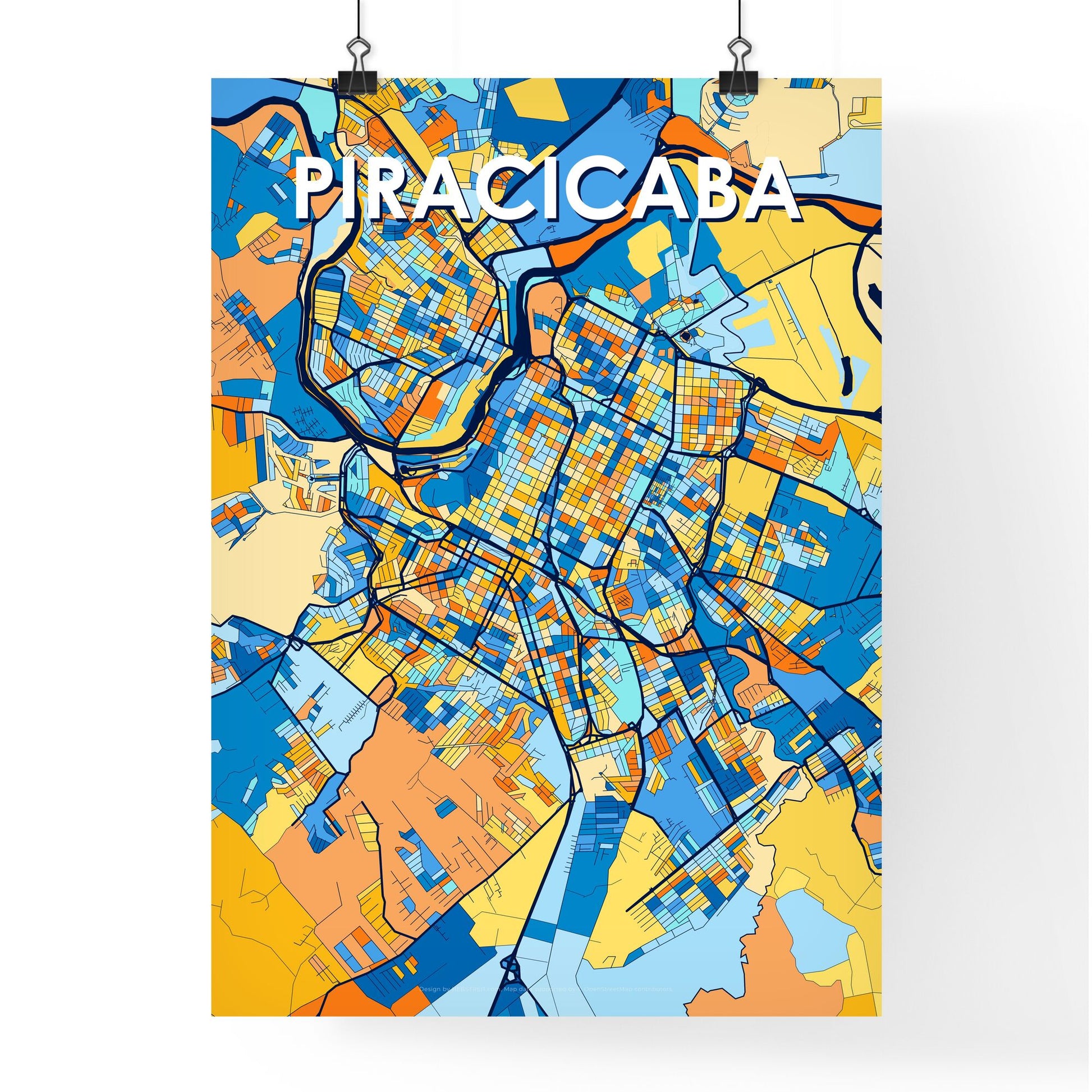 PIRACICABA BRAZIL Vibrant Colorful Art Map Poster Blue Orange