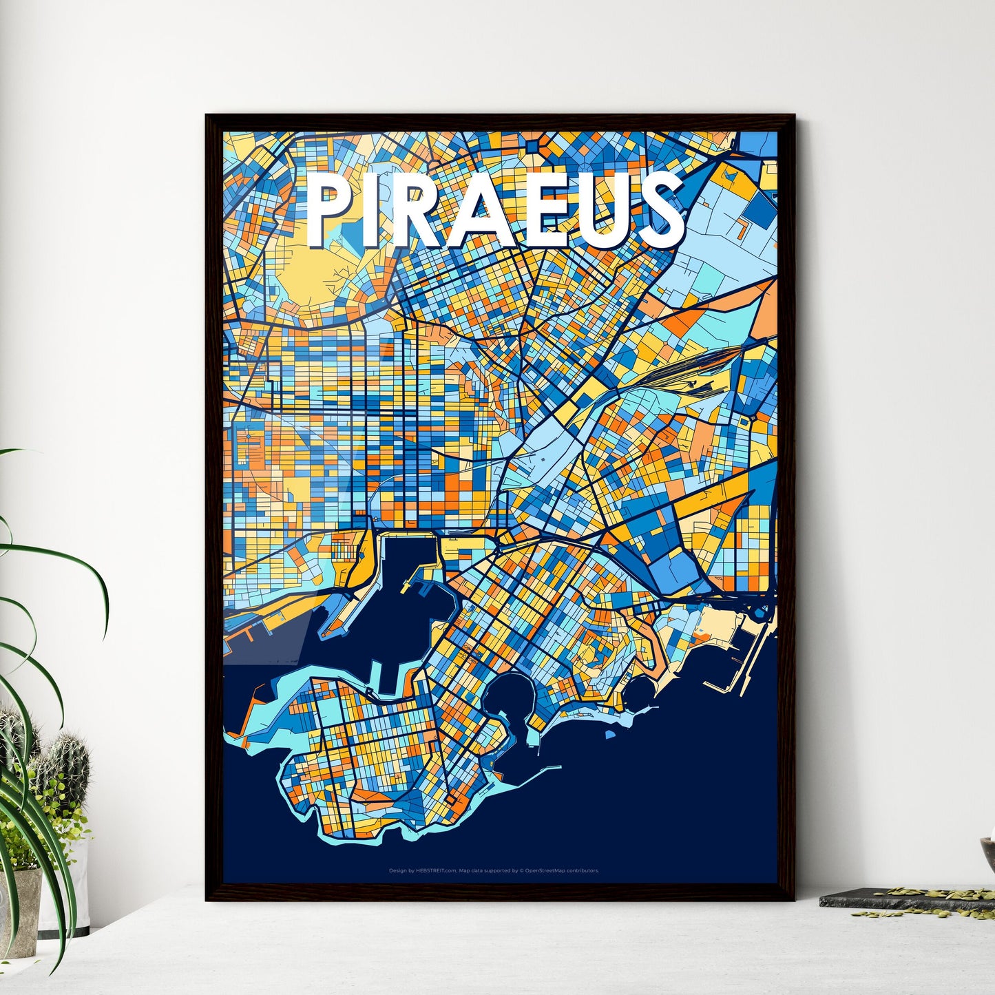 PIRAEUS GREECE Vibrant Colorful Art Map Poster Blue Orange