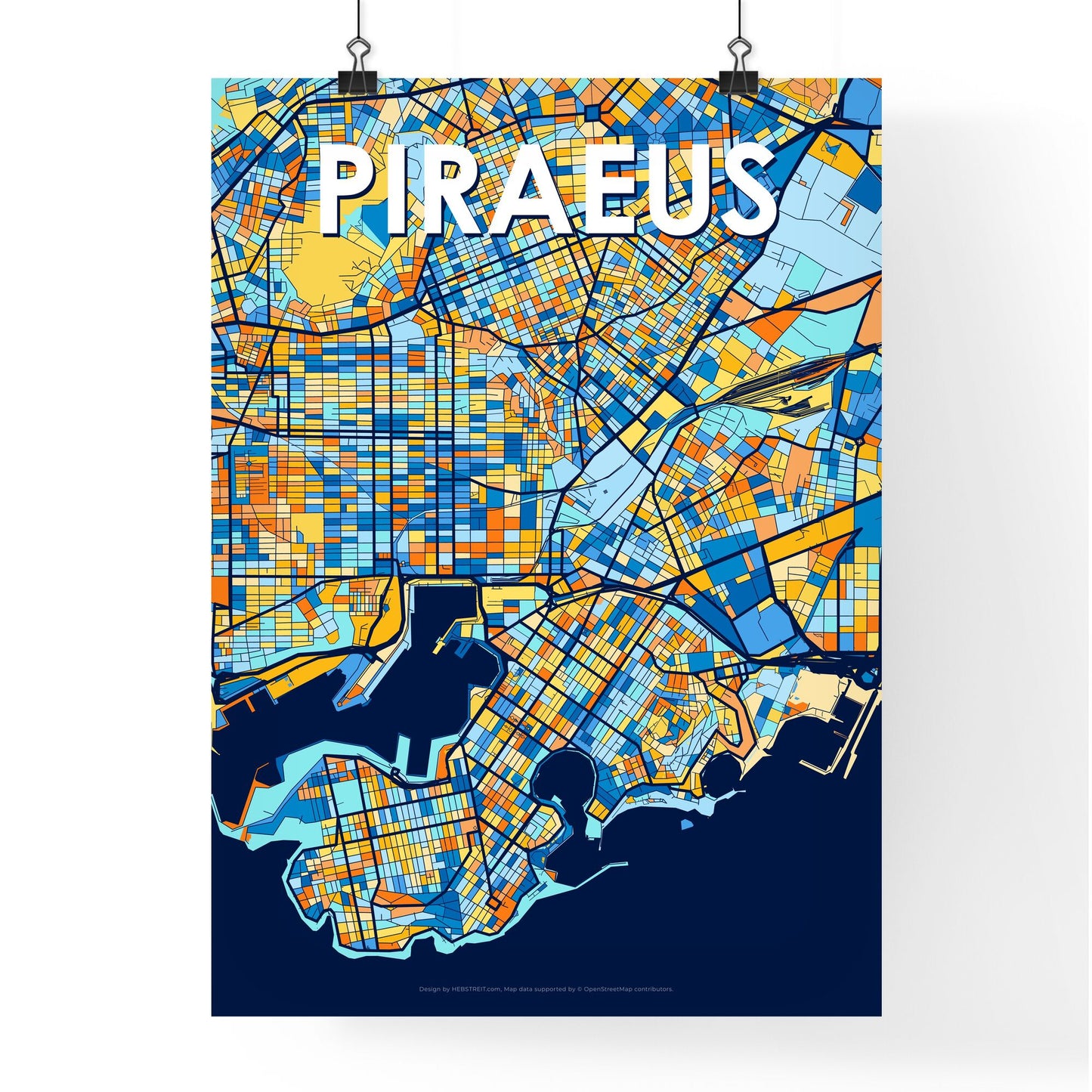 PIRAEUS GREECE Vibrant Colorful Art Map Poster Blue Orange