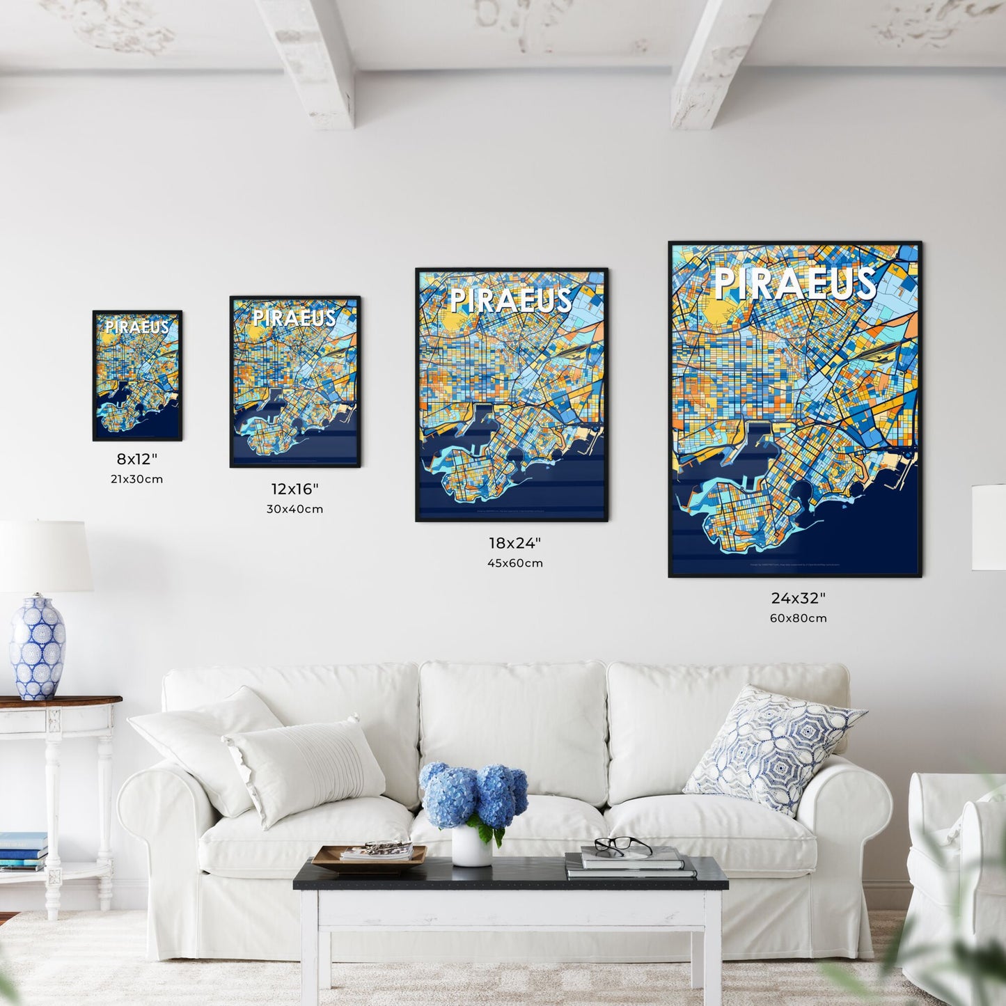 PIRAEUS GREECE Vibrant Colorful Art Map Poster Blue Orange